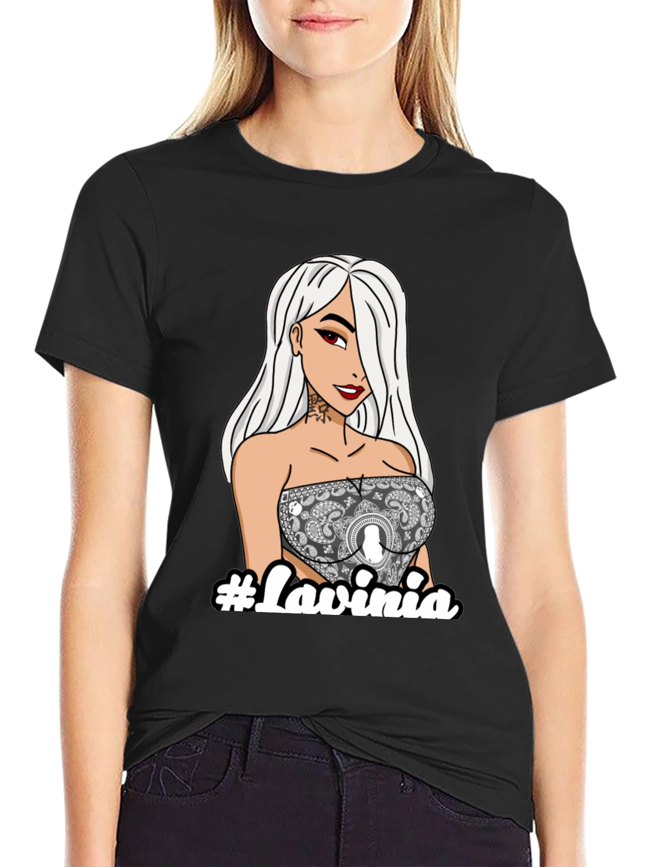 Trendy Graphic Tee - Lavinia Cartoon Girl Black T-Shirt