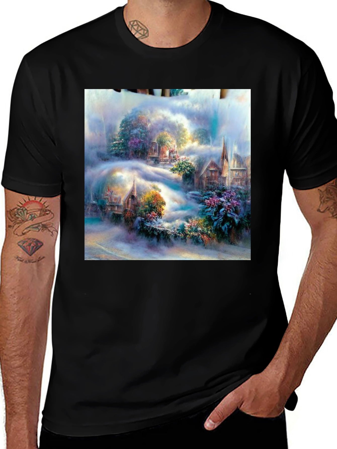 Fantasy Village Art Print Black T-Shirt