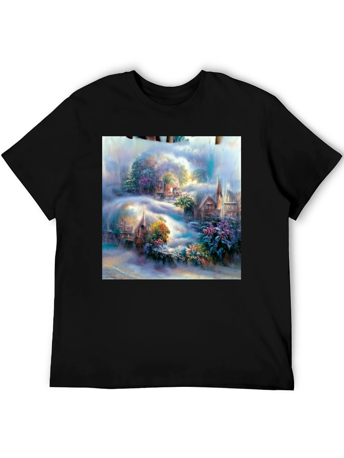 Fantasy Village Art Print Black T-Shirt