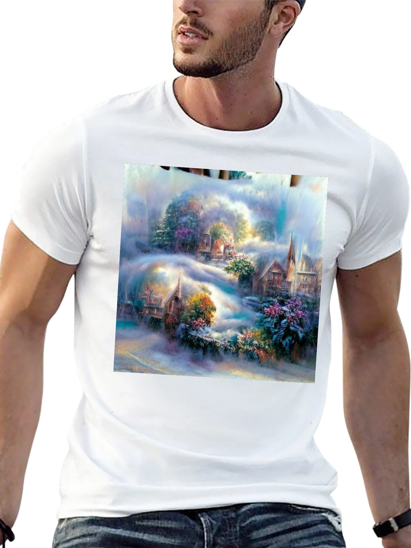 Fantasy Village Art Print Black T-Shirt