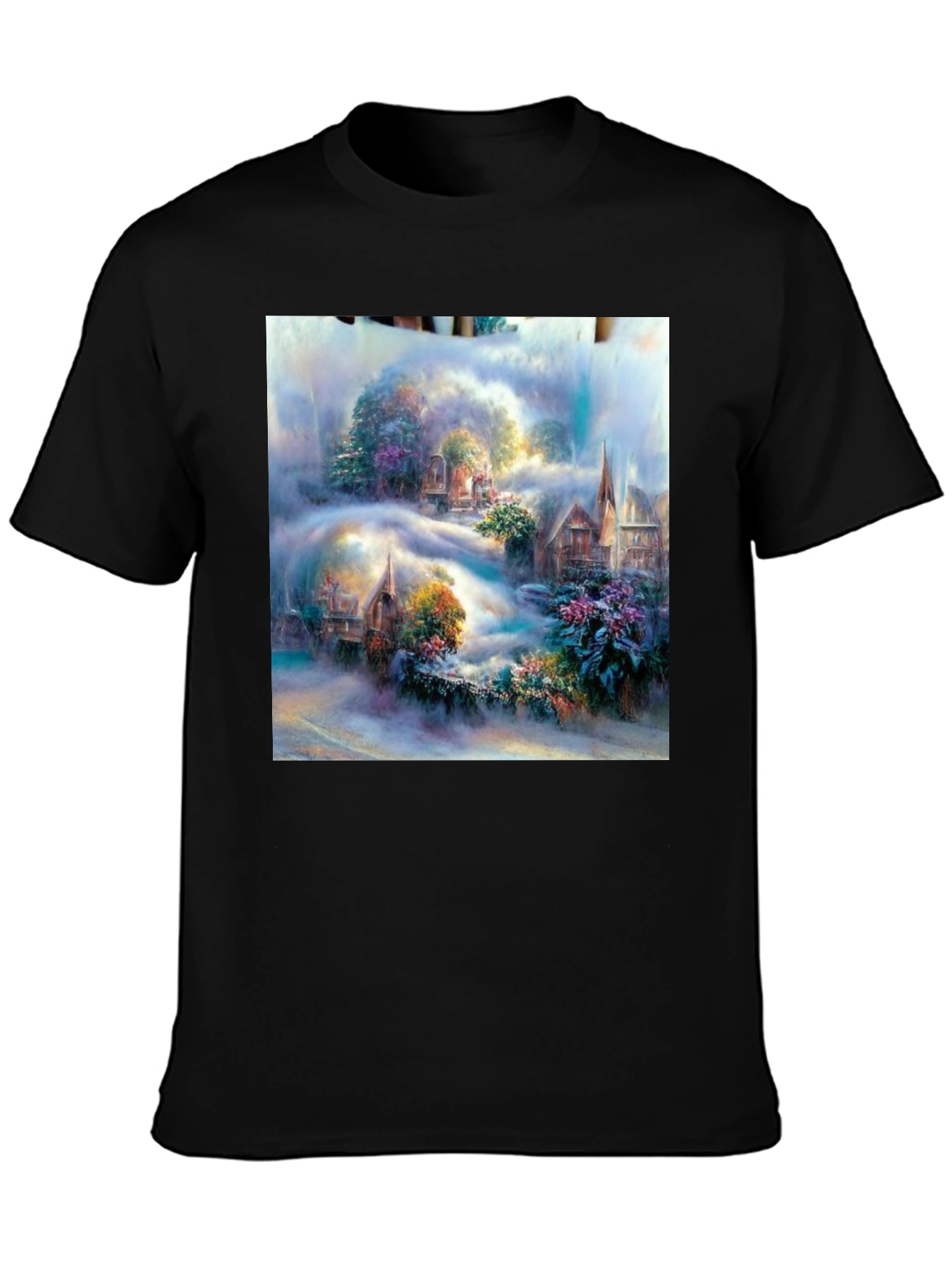 Fantasy Village Art Print Black T-Shirt