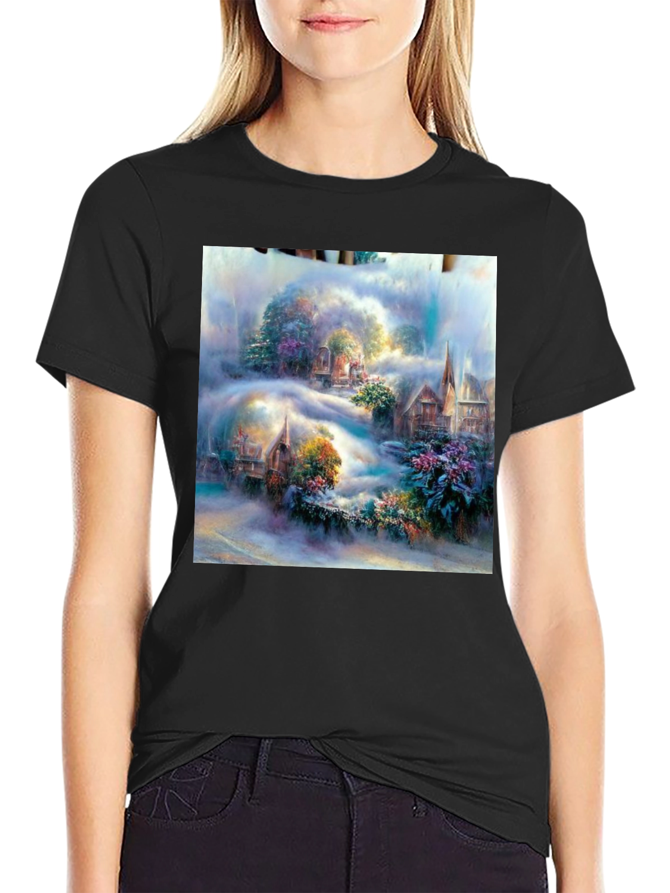 Fantasy Village Art Print Black T-Shirt