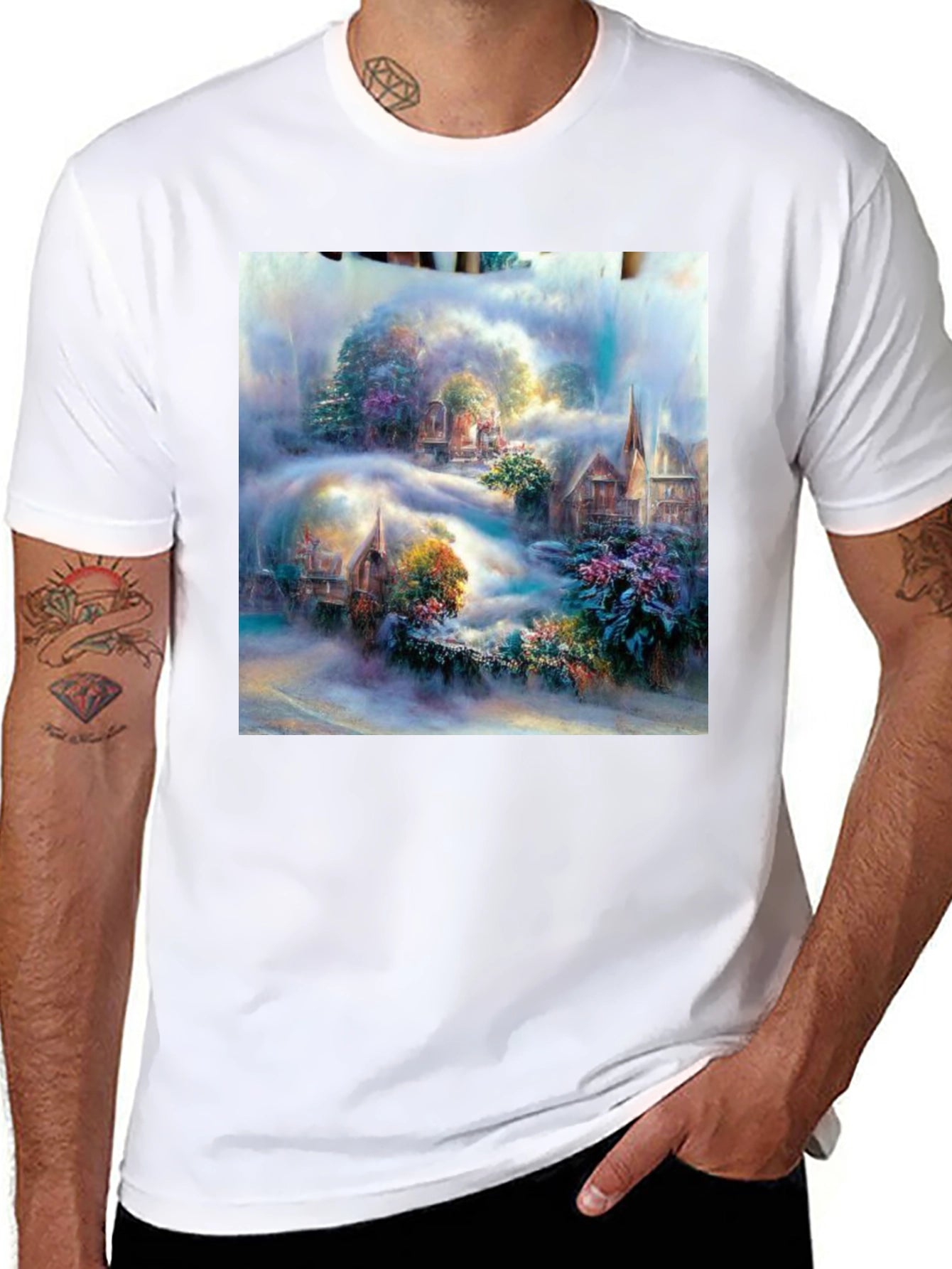 Fantasy Village Art Print Black T-Shirt