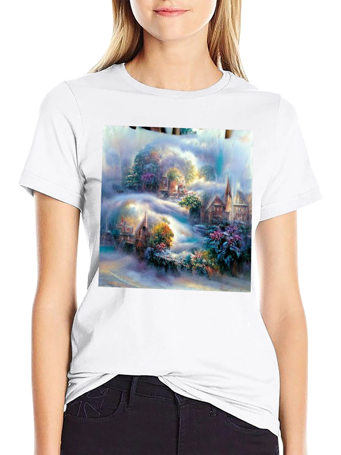 Fantasy Village Art Print Black T-Shirt