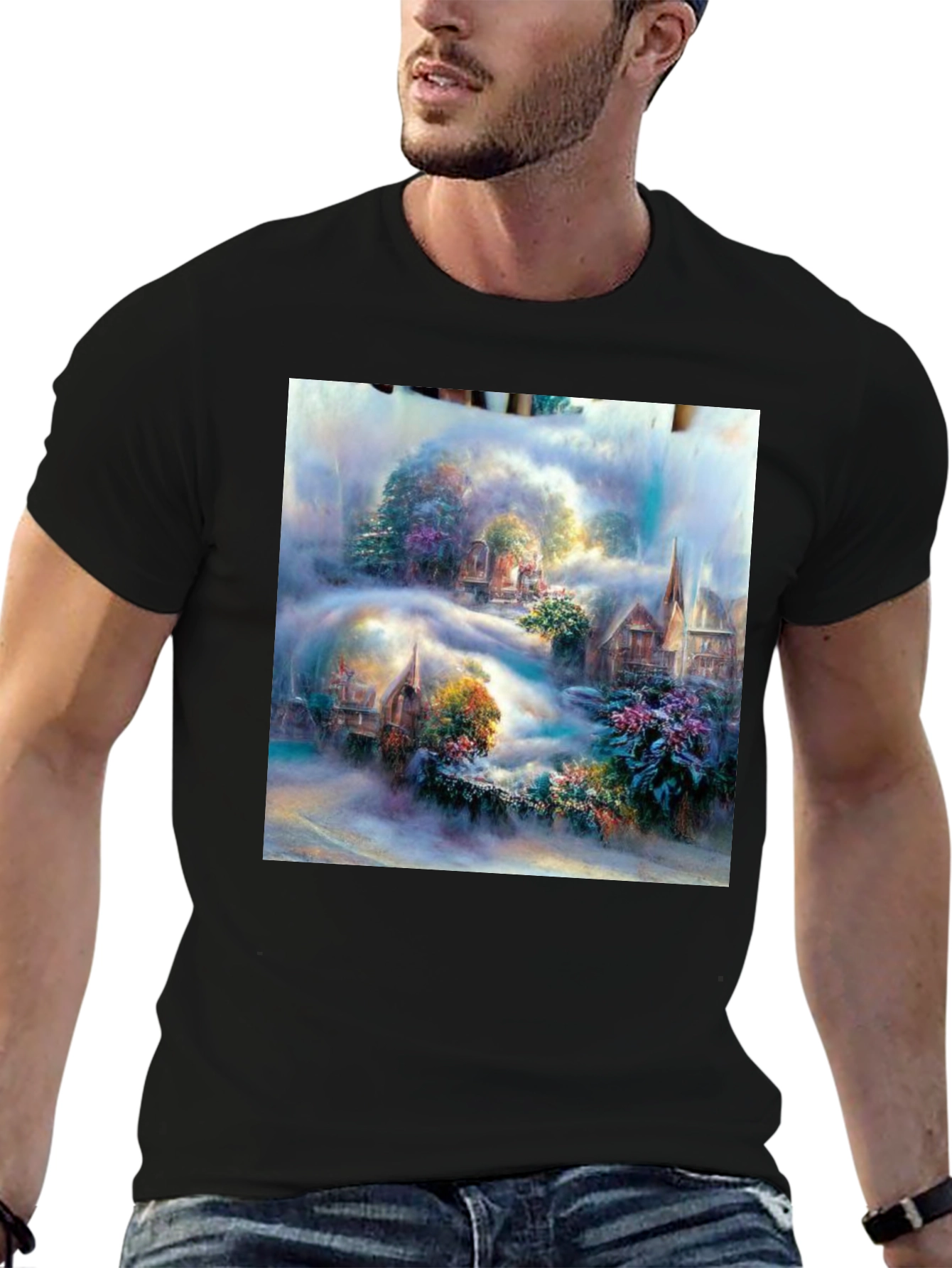 Fantasy Village Art Print Black T-Shirt