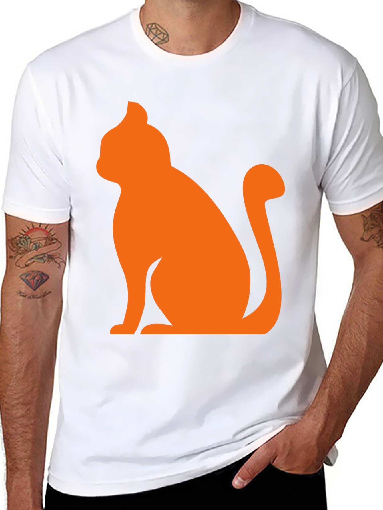 Mens Black T-Shirt with Orange Cat Graphic