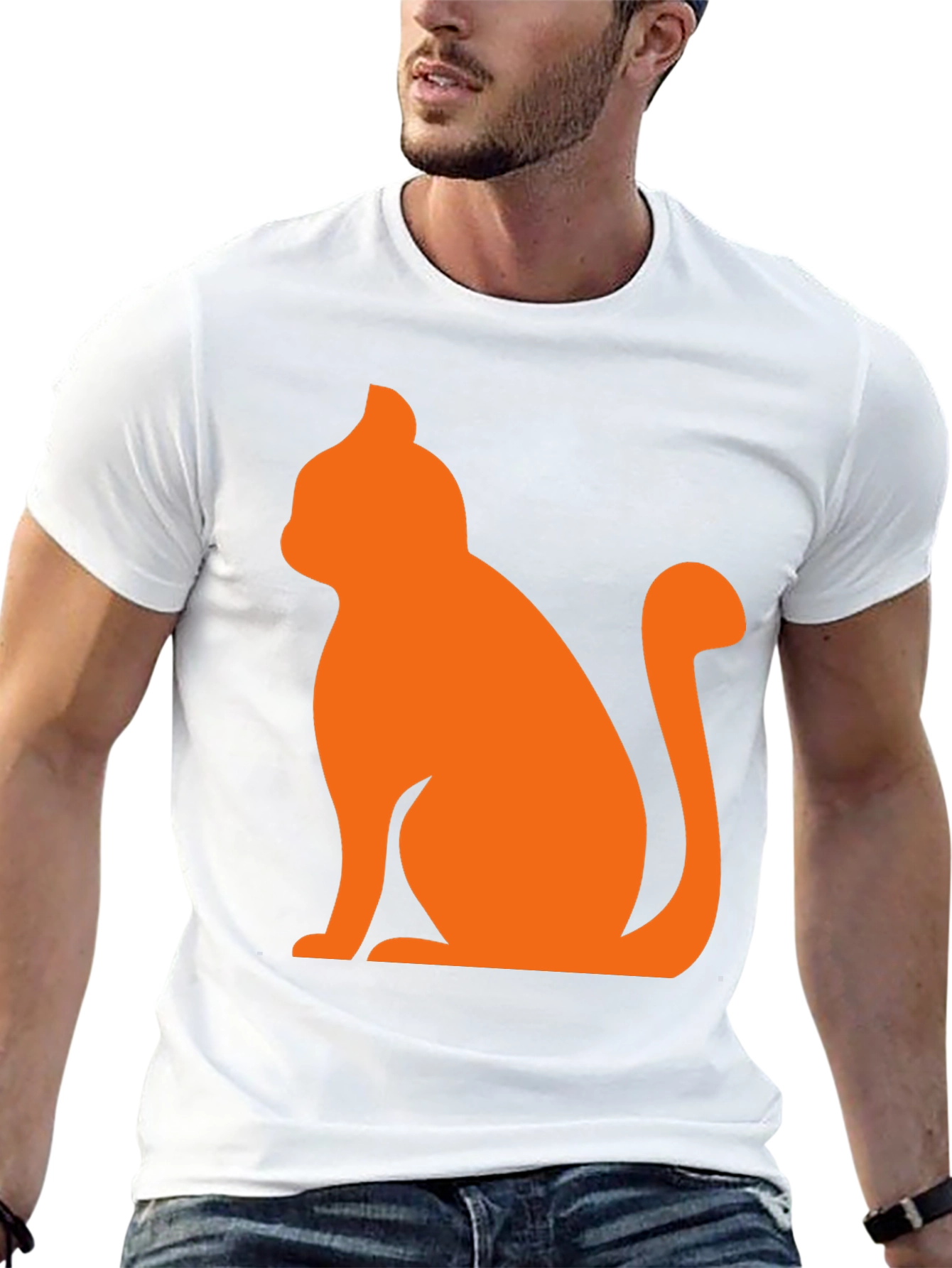 Mens Black T-Shirt with Orange Cat Graphic