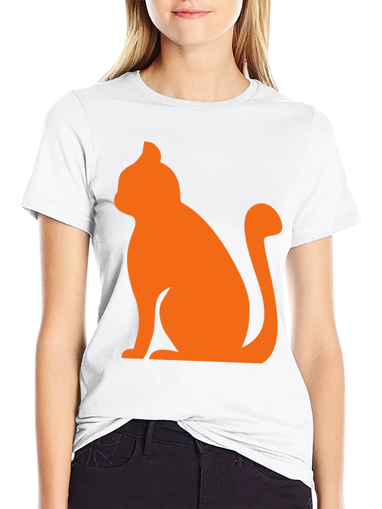 Mens Black T-Shirt with Orange Cat Graphic