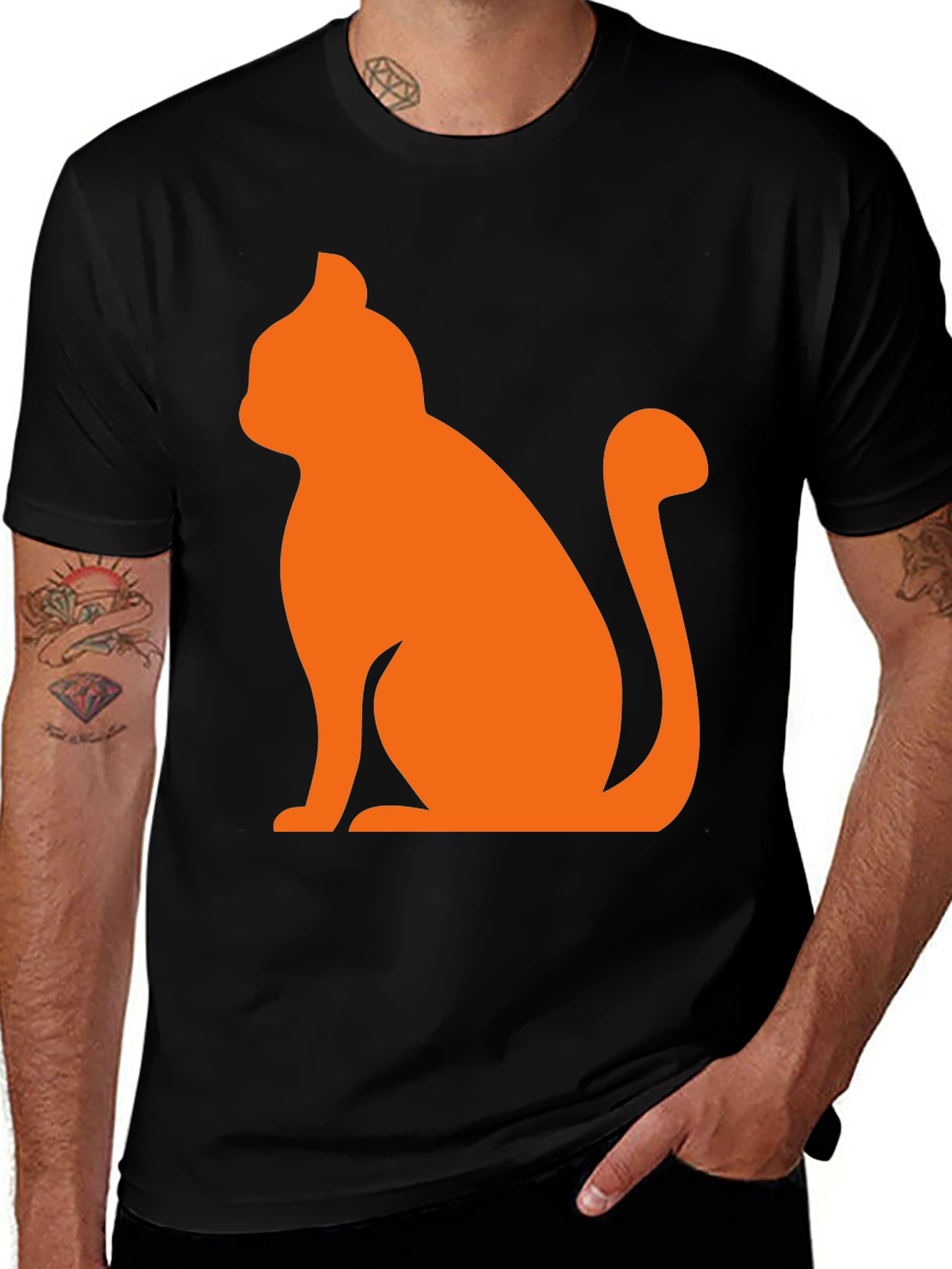 Mens Black T-Shirt with Orange Cat Graphic