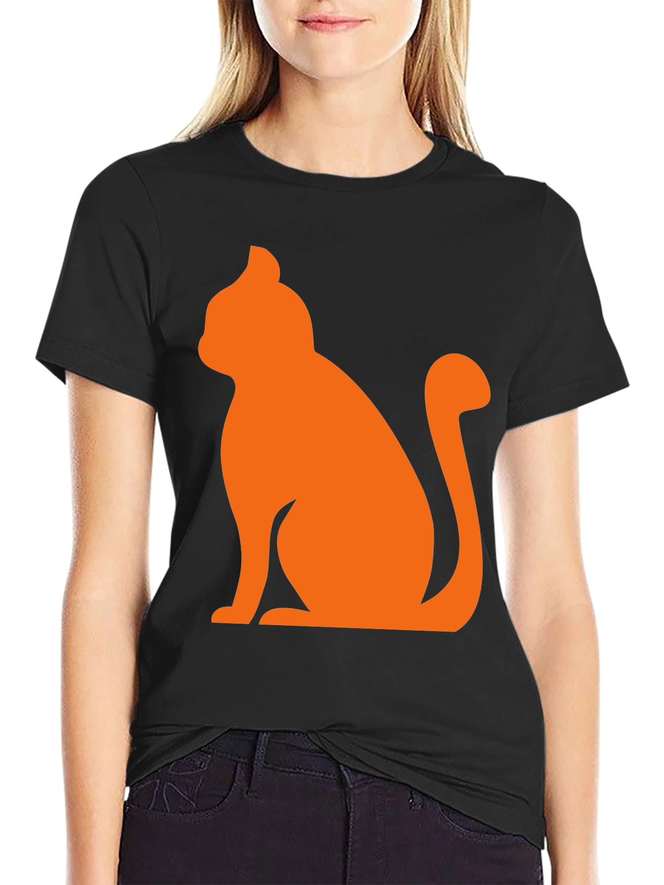 Mens Black T-Shirt with Orange Cat Graphic