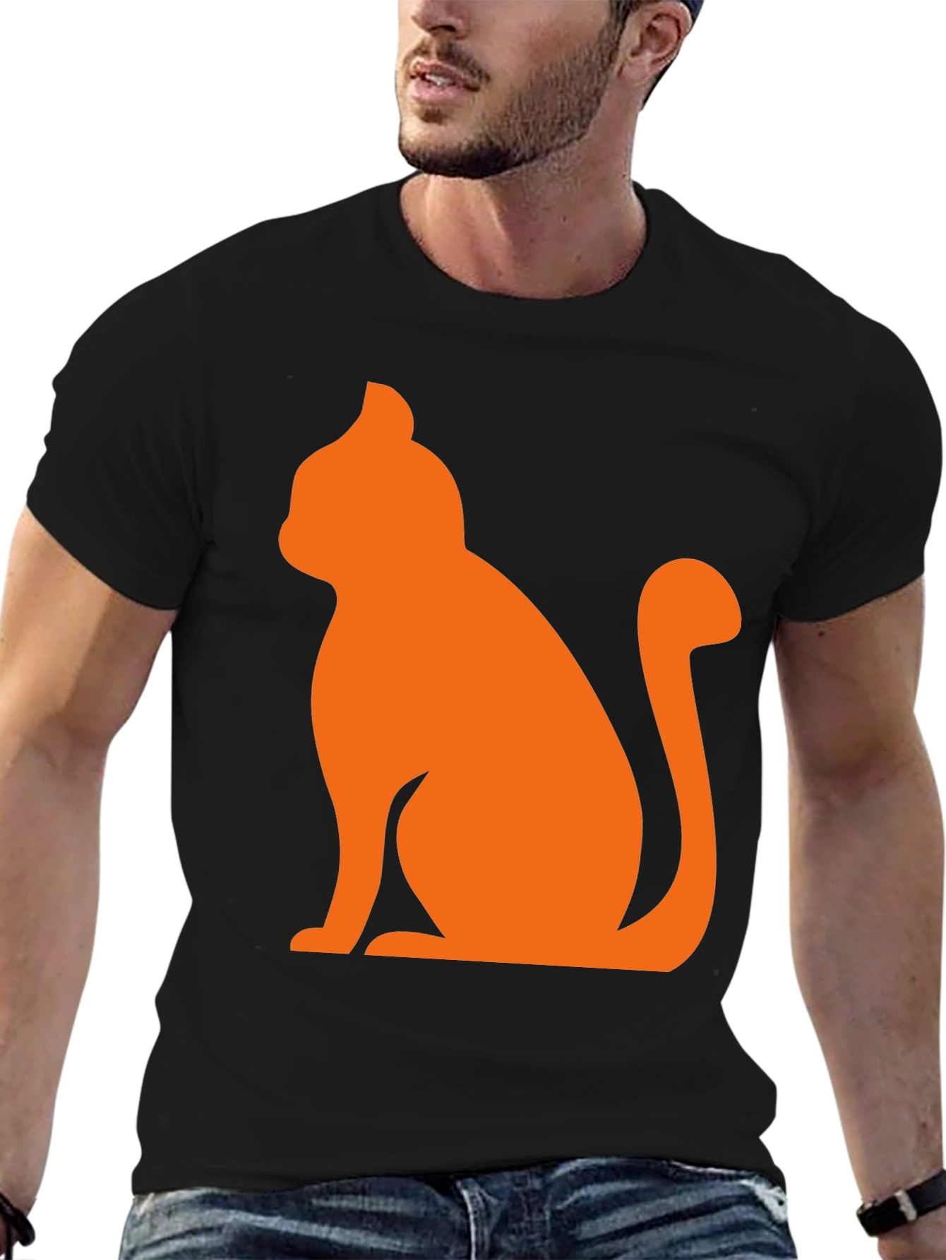 Mens Black T-Shirt with Orange Cat Graphic