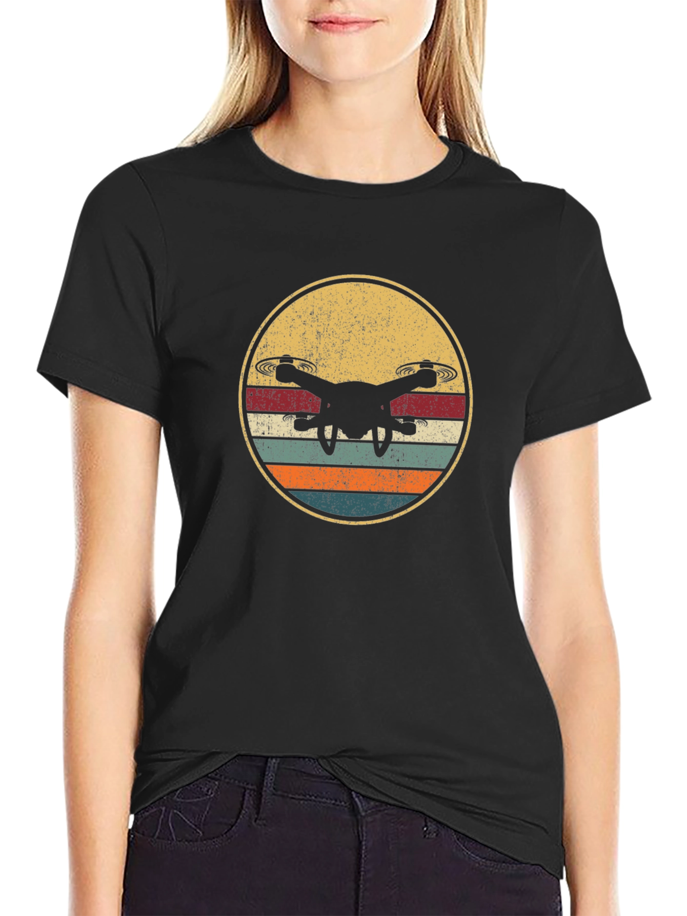 Drone Silhouette Retro Style Graphic T-Shirt