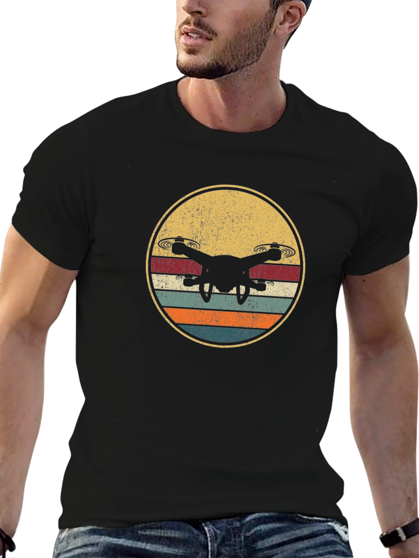 Drone Silhouette Retro Style Graphic T-Shirt