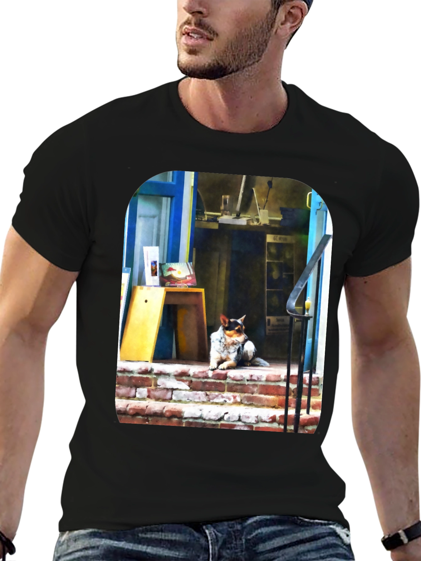 Dog on Steps Graphic T-Shirt