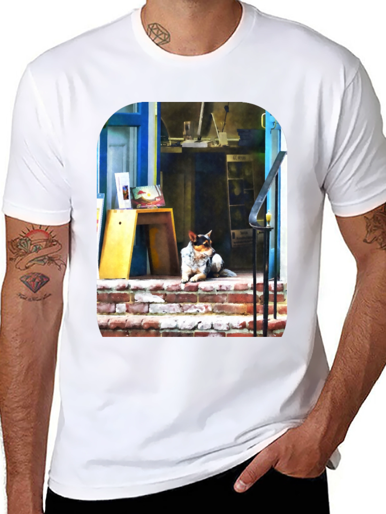 Dog on Steps Graphic T-Shirt
