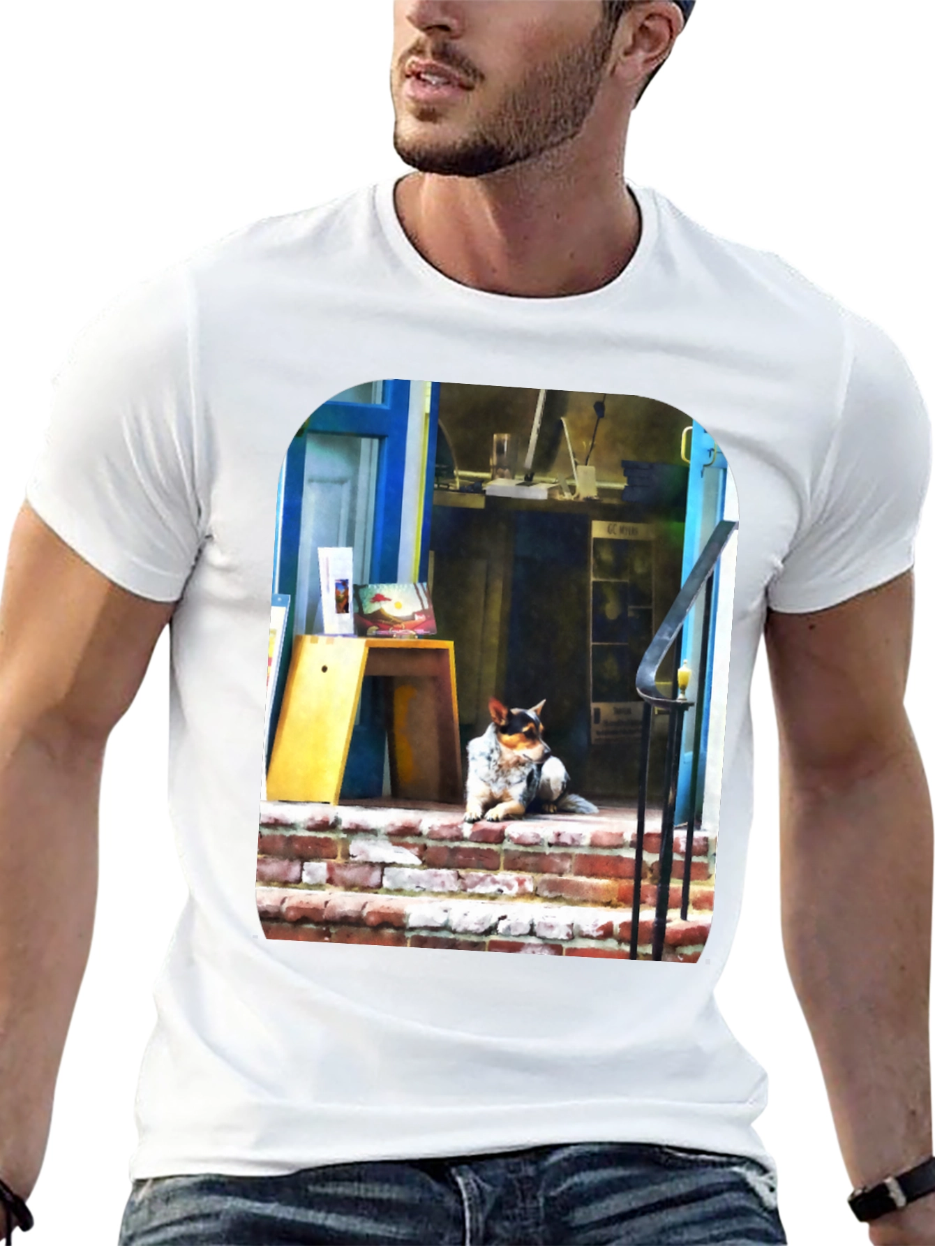 Dog on Steps Graphic T-Shirt