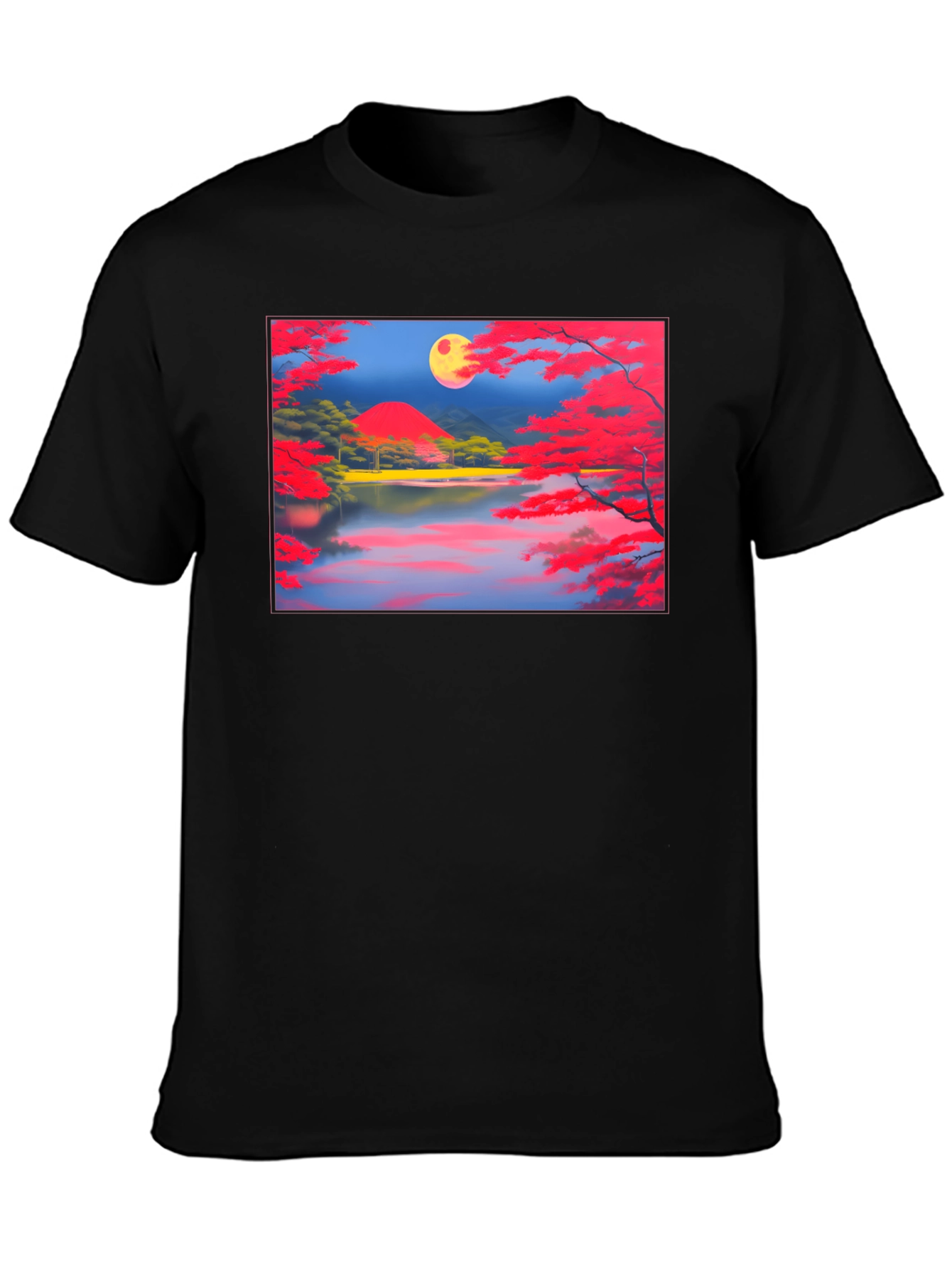Scenic Lake & Moon Art Black T-Shirt