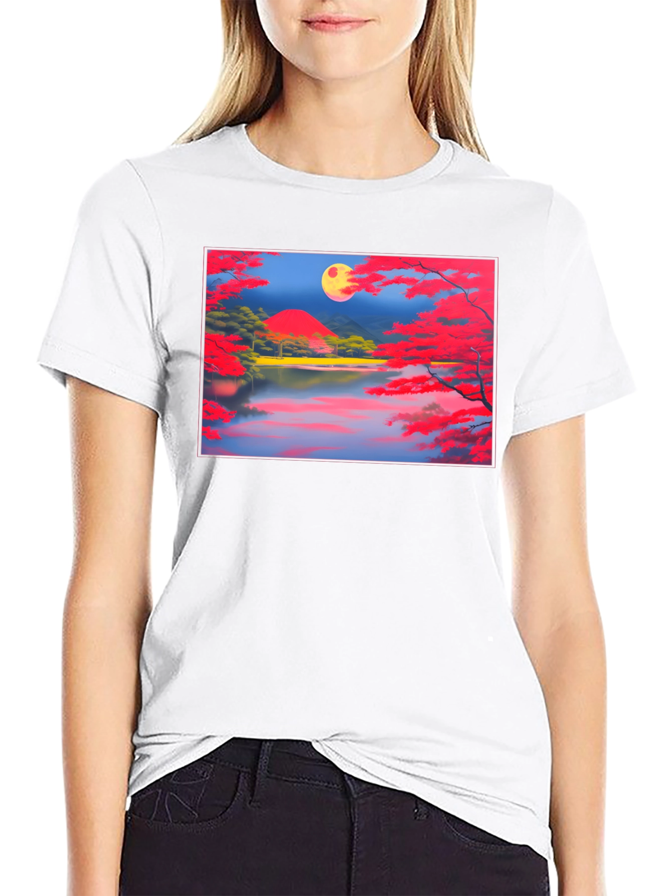 Scenic Lake & Moon Art Black T-Shirt