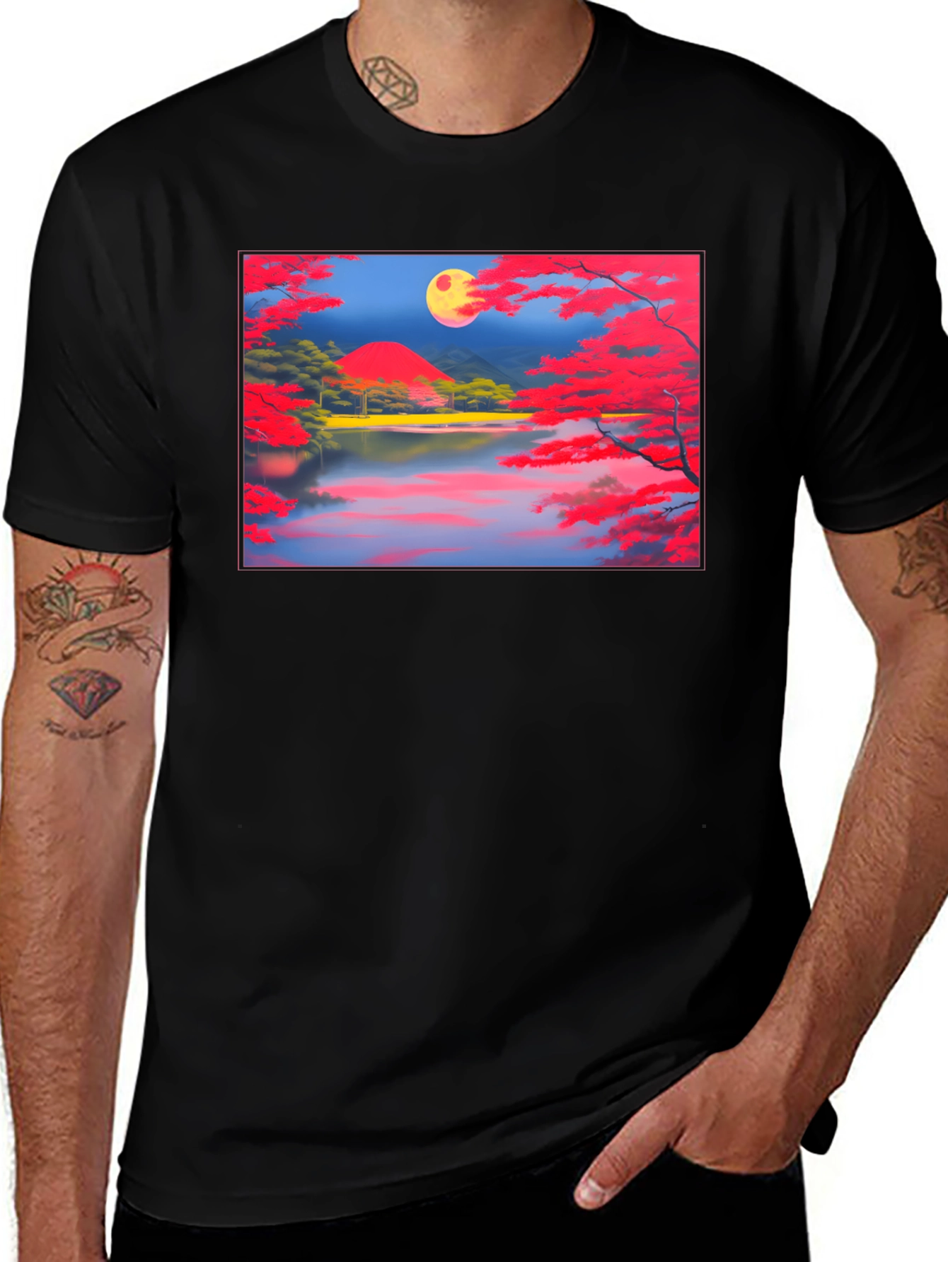 Scenic Lake & Moon Art Black T-Shirt
