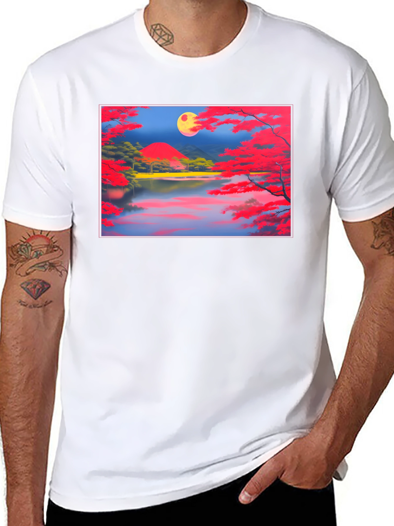 Scenic Lake & Moon Art Black T-Shirt