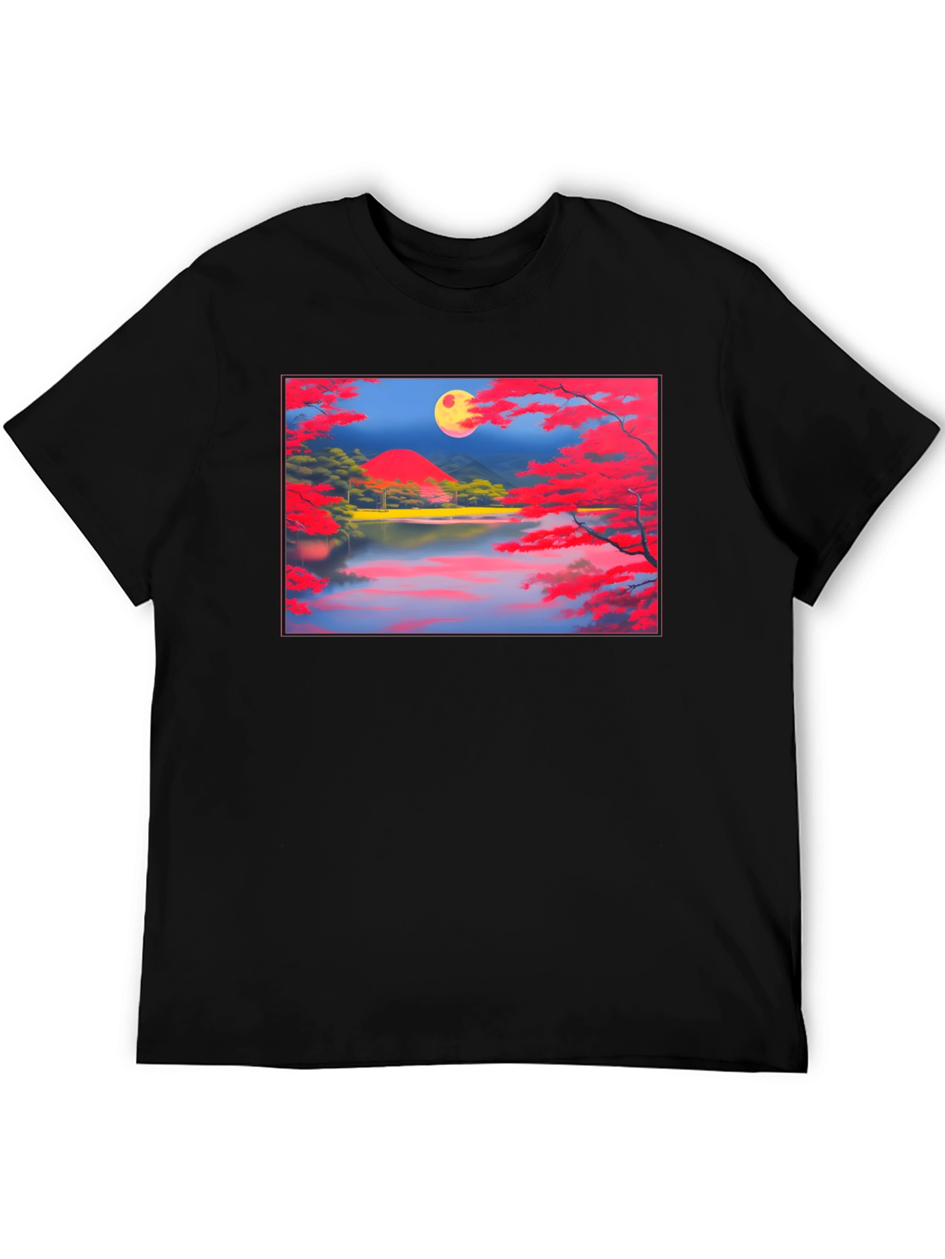 Scenic Lake & Moon Art Black T-Shirt