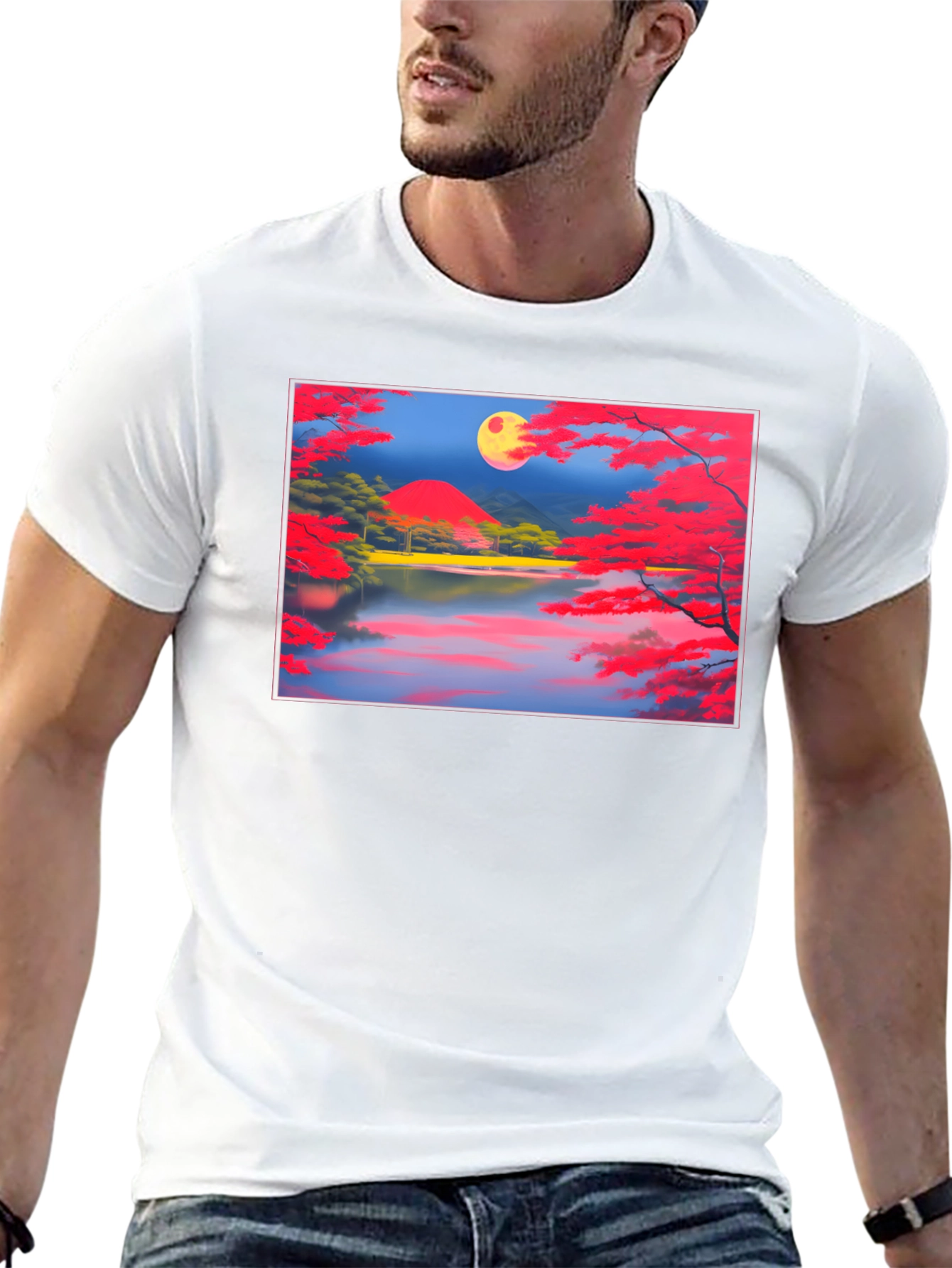 Scenic Lake & Moon Art Black T-Shirt