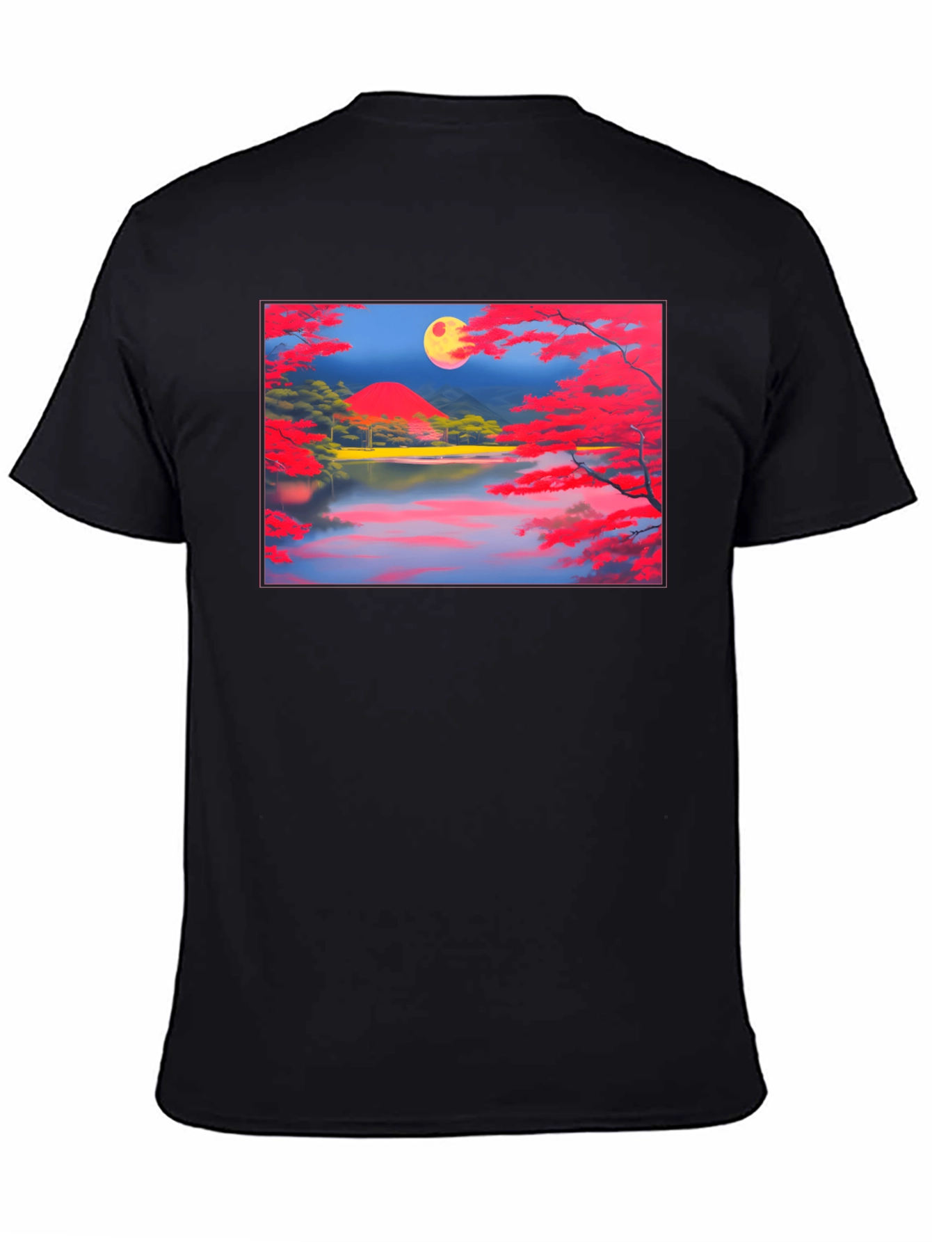 Scenic Lake & Moon Art Black T-Shirt