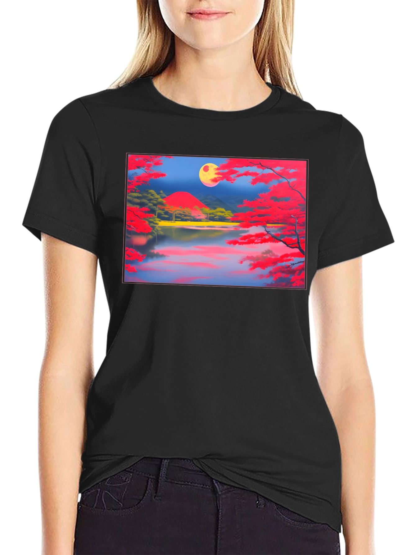 Scenic Lake & Moon Art Black T-Shirt