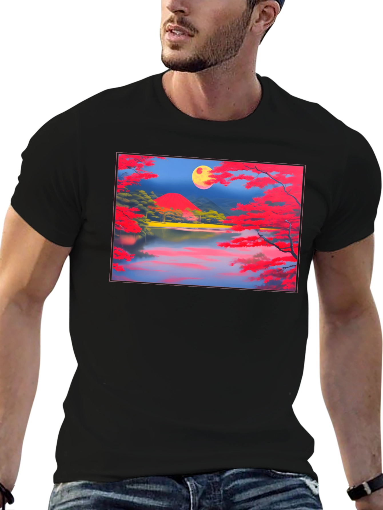 Scenic Lake & Moon Art Black T-Shirt