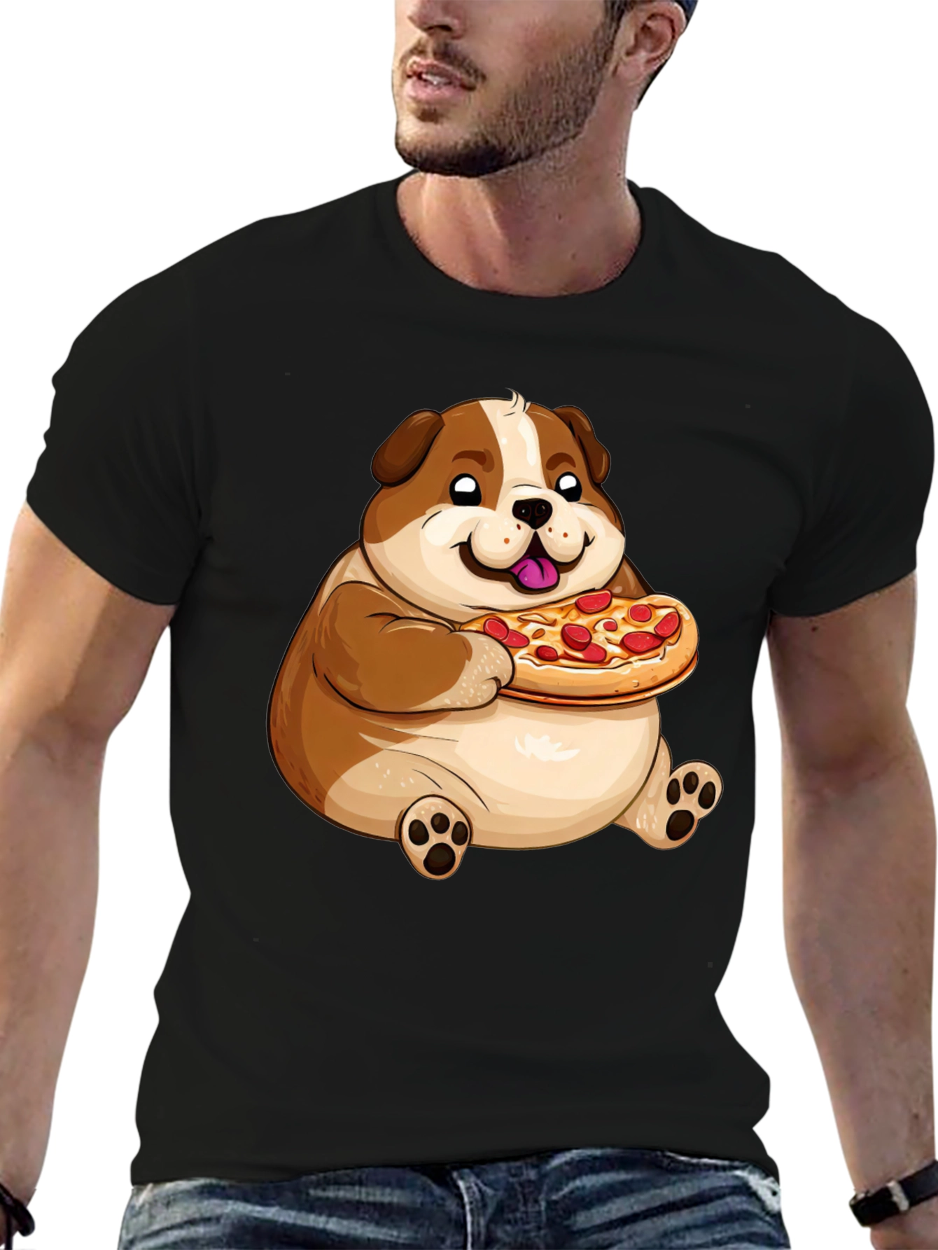 Cartoon Dog Eating Pizza Graphic T-Shirt