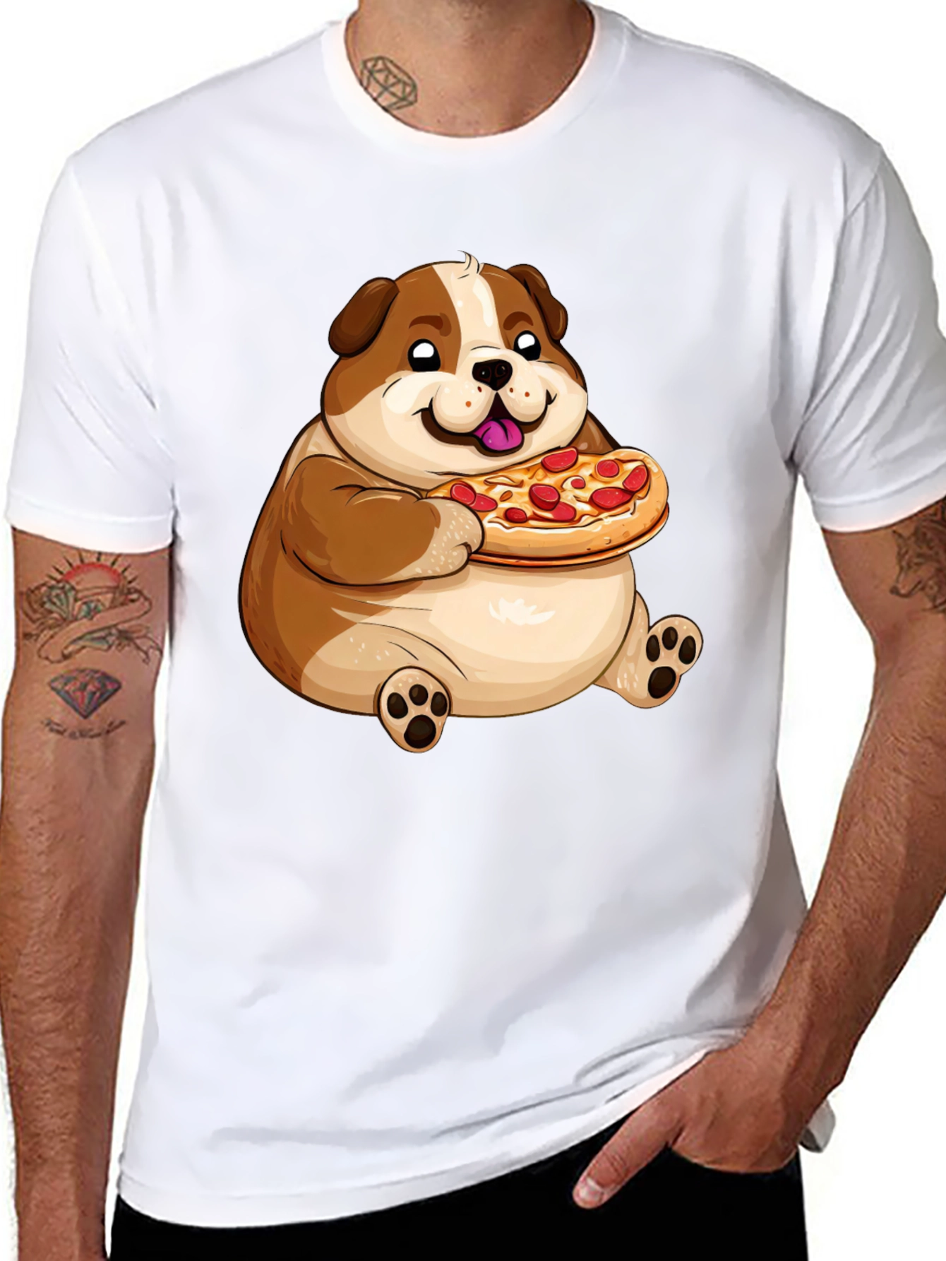 Cartoon Dog Eating Pizza Graphic T-Shirt