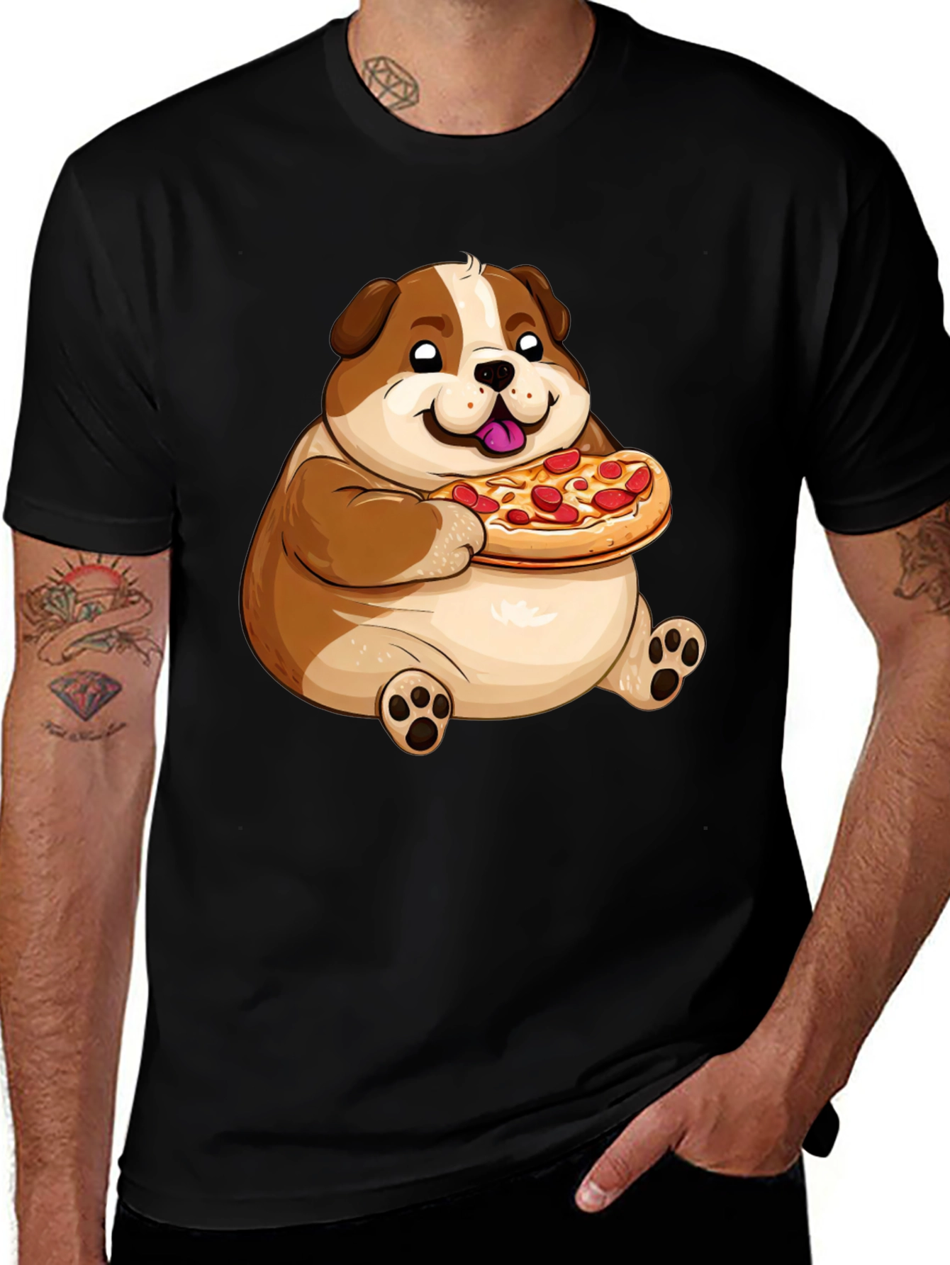 Cartoon Dog Eating Pizza Graphic T-Shirt