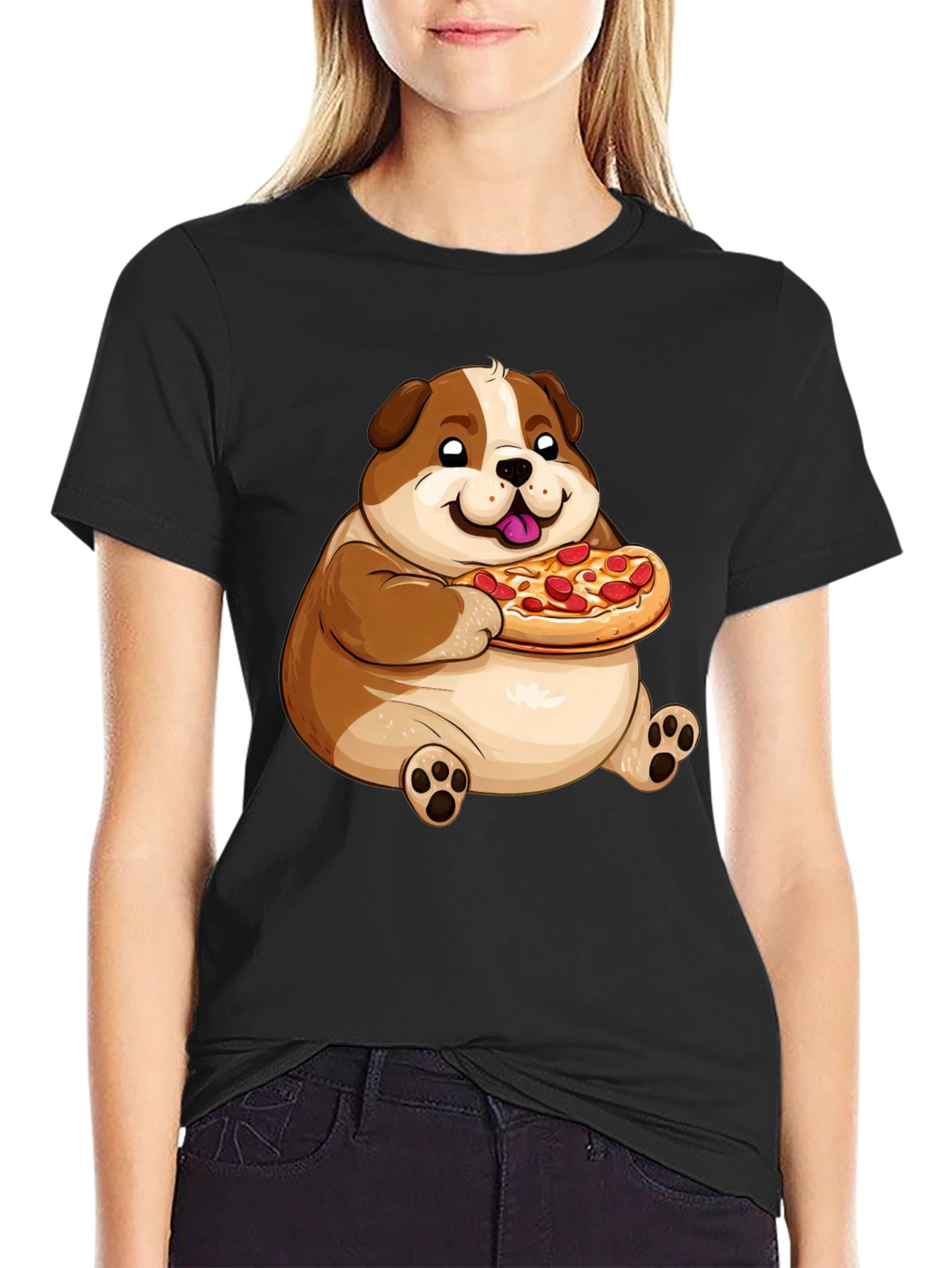 Cartoon Dog Eating Pizza Graphic T-Shirt