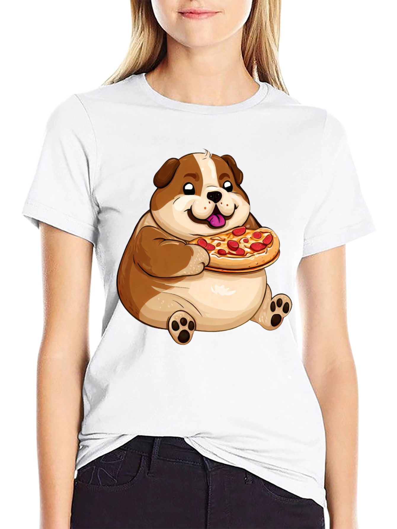Cartoon Dog Eating Pizza Graphic T-Shirt