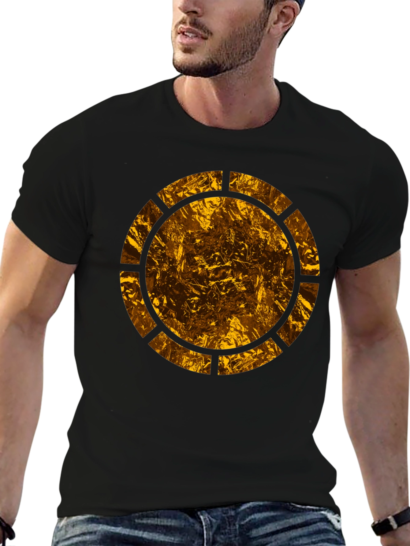Mens Black T-Shirt with Abstract Gold Circle Design