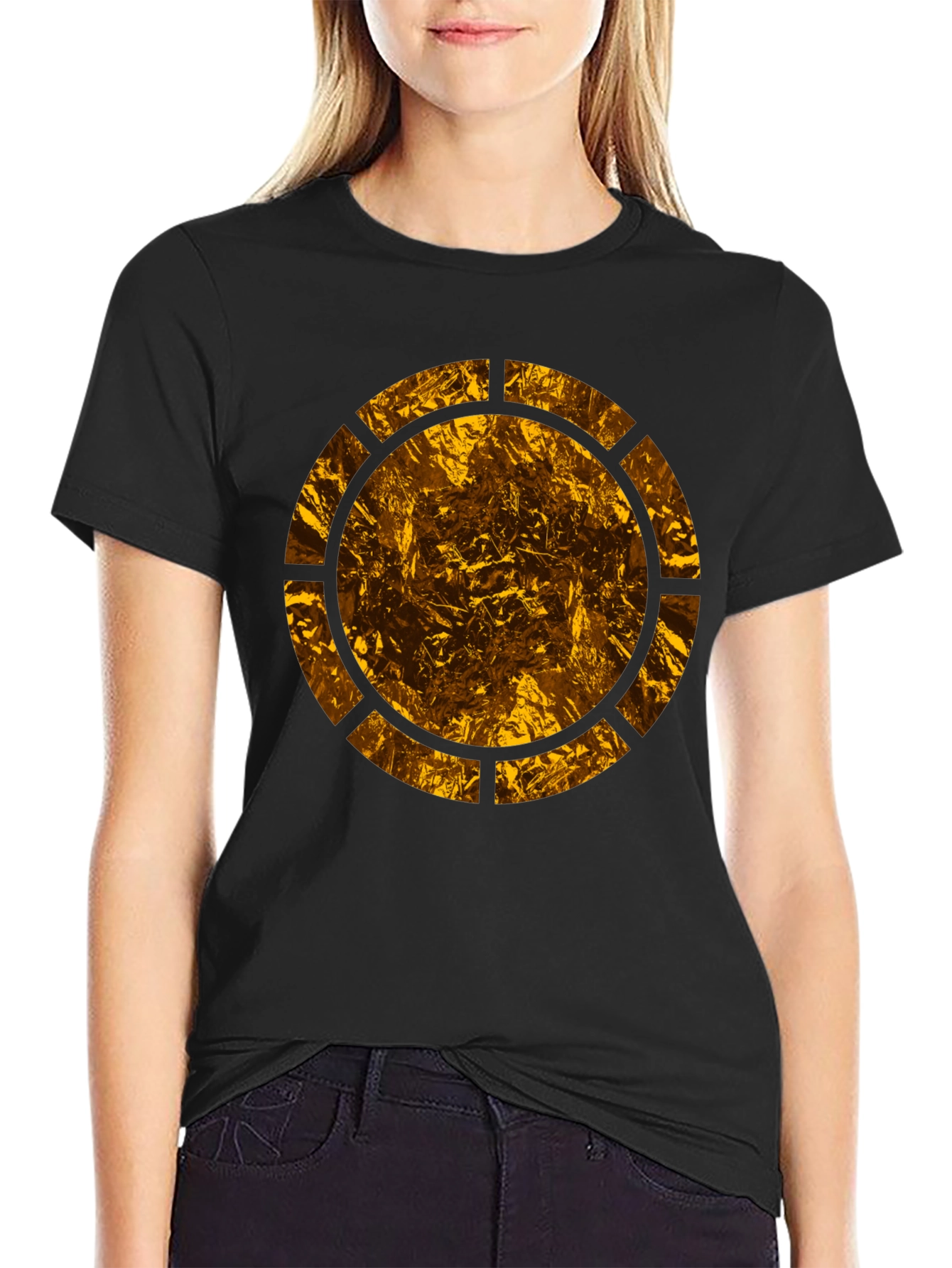 Mens Black T-Shirt with Abstract Gold Circle Design