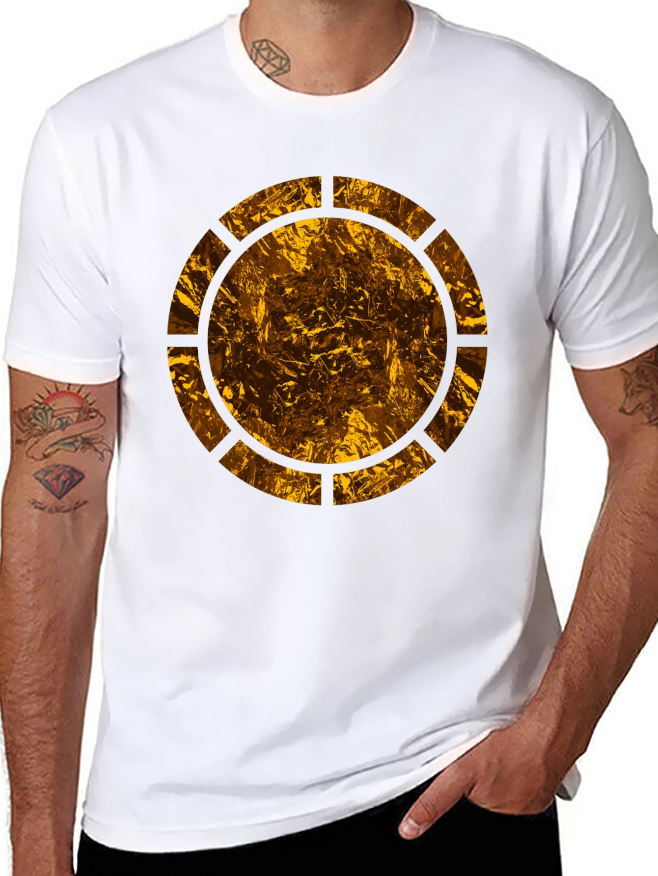 Mens Black T-Shirt with Abstract Gold Circle Design