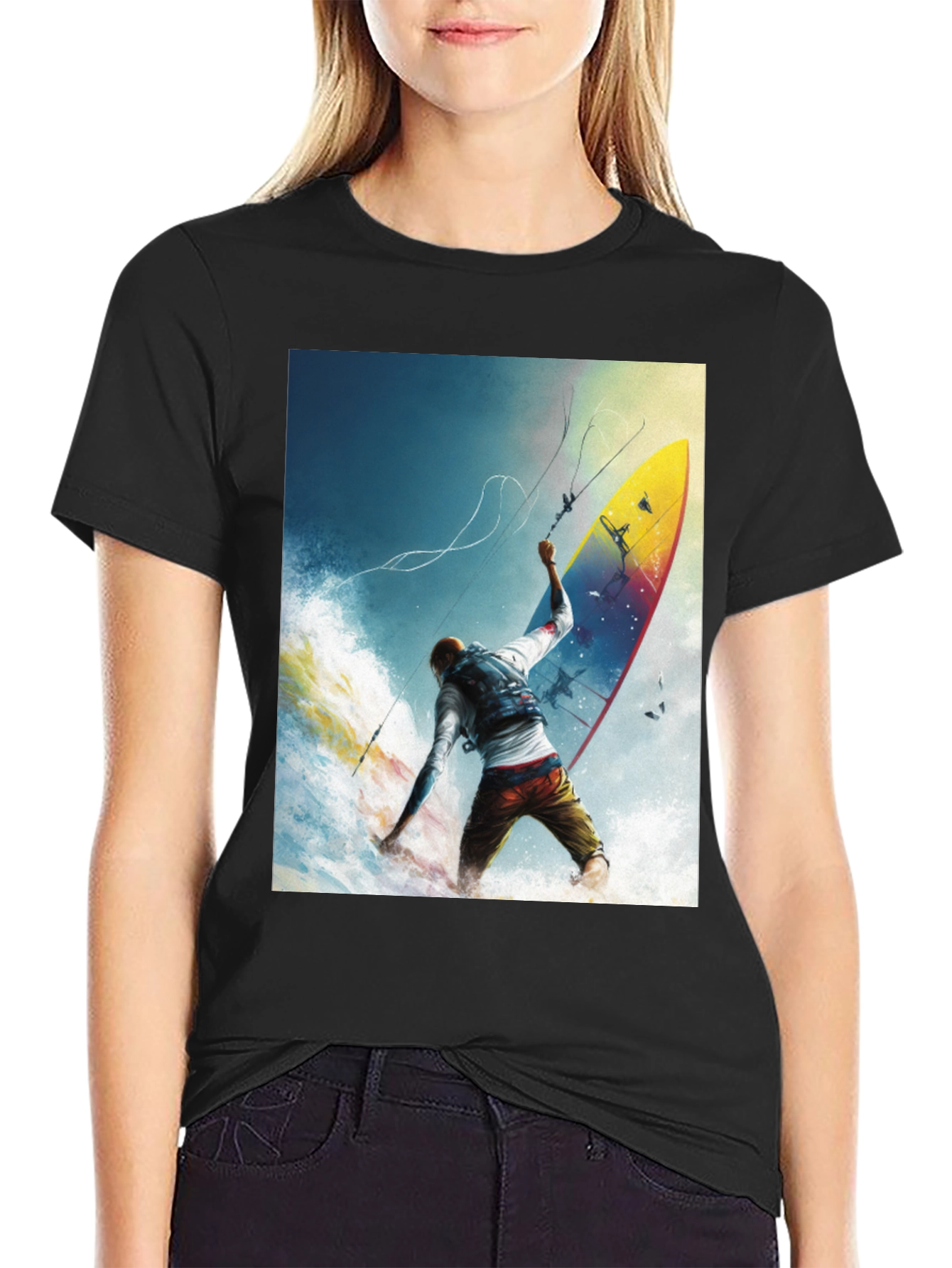 Surfing Print Black T-Shirt