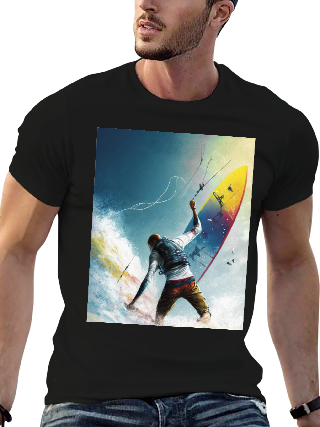 Surfing Print Black T-Shirt