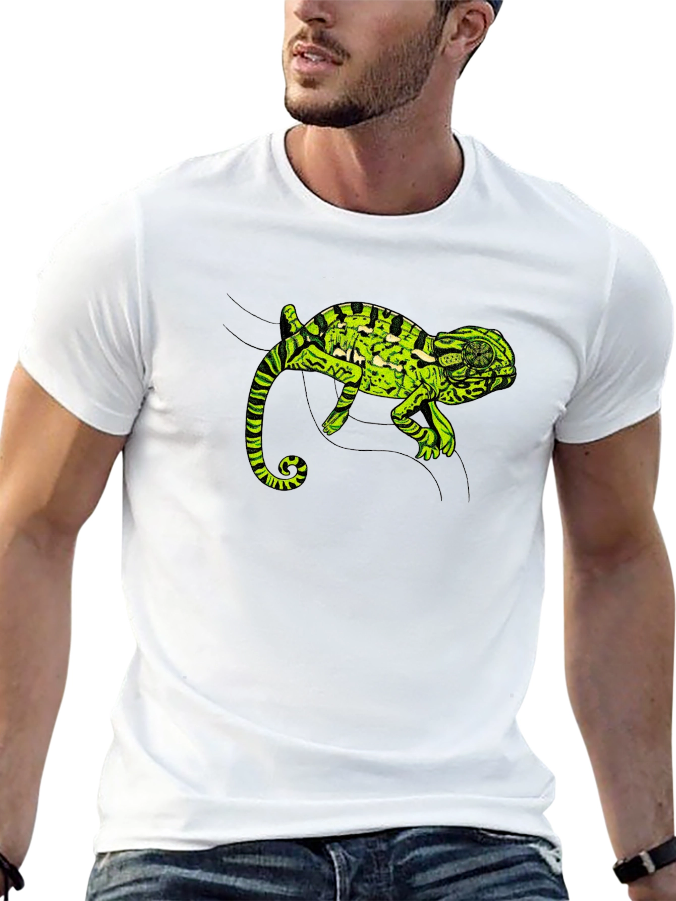 Black T-Shirt with Green Chameleon Graphic