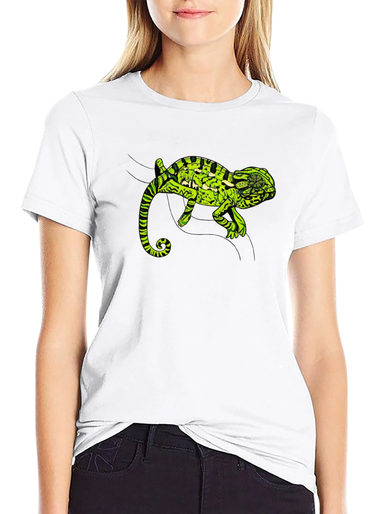 Black T-Shirt with Green Chameleon Graphic