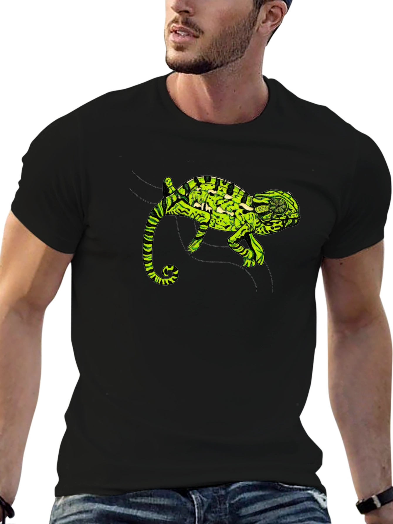 Black T-Shirt with Green Chameleon Graphic