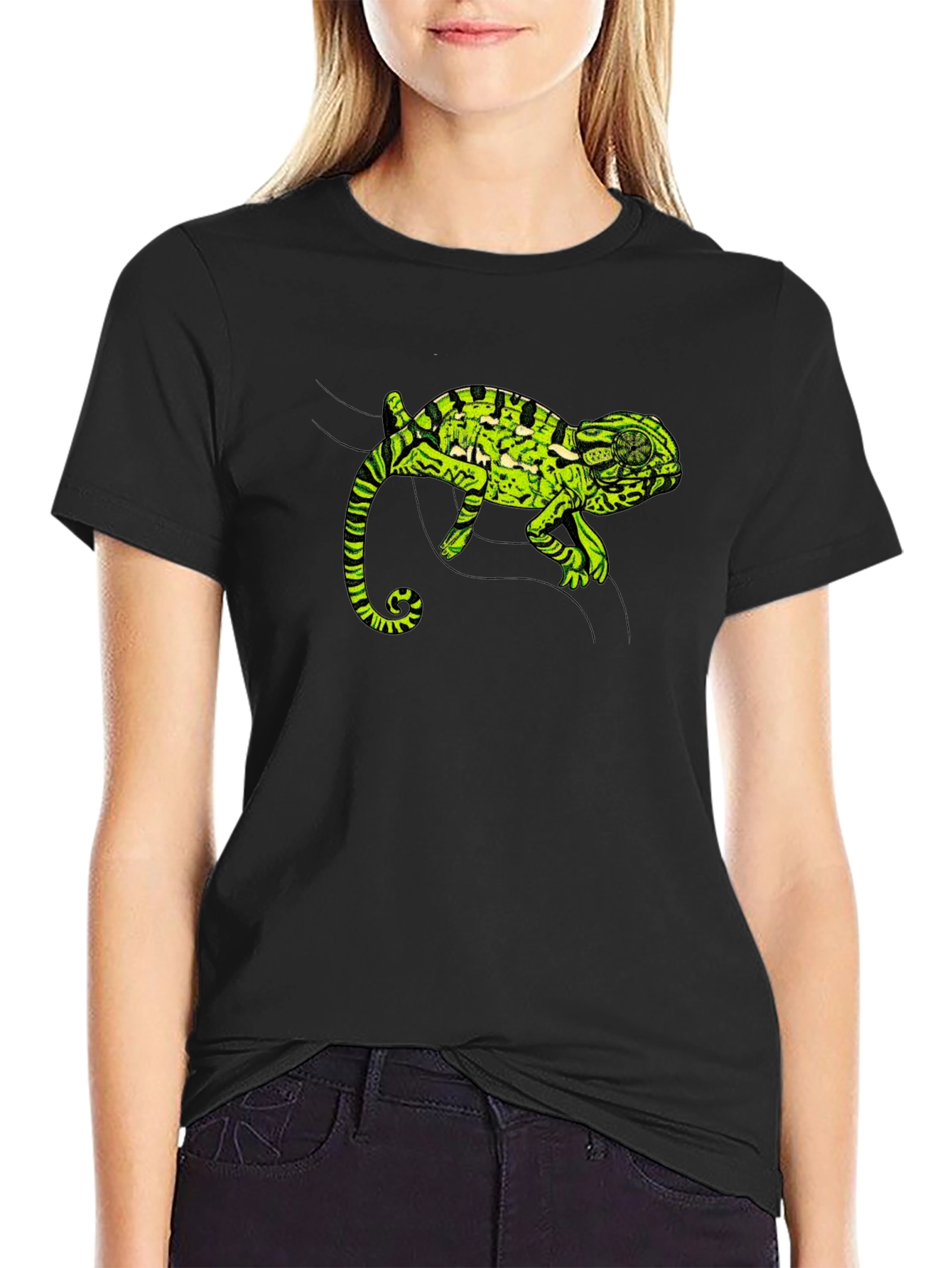 Black T-Shirt with Green Chameleon Graphic