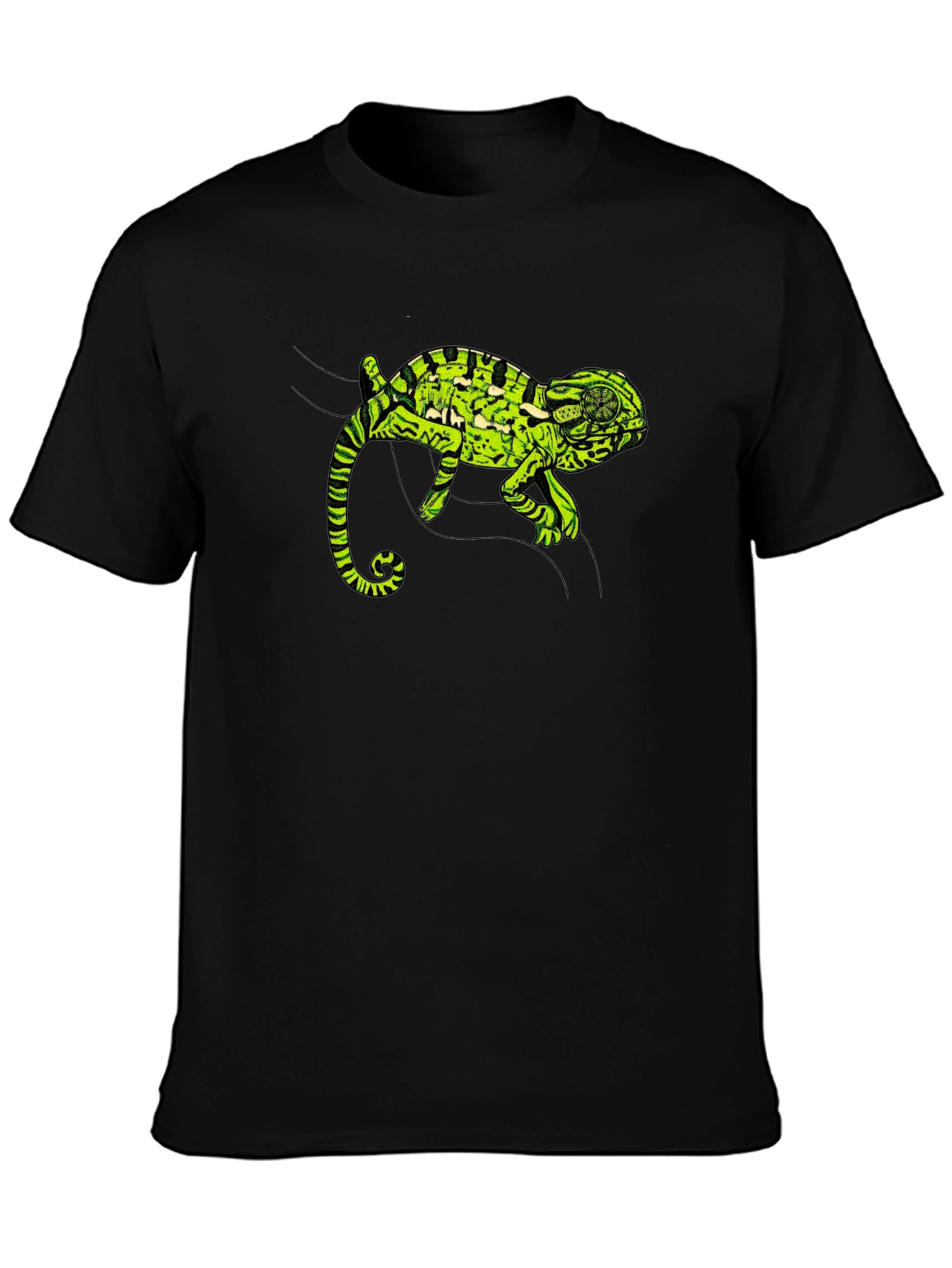 Black T-Shirt with Green Chameleon Graphic