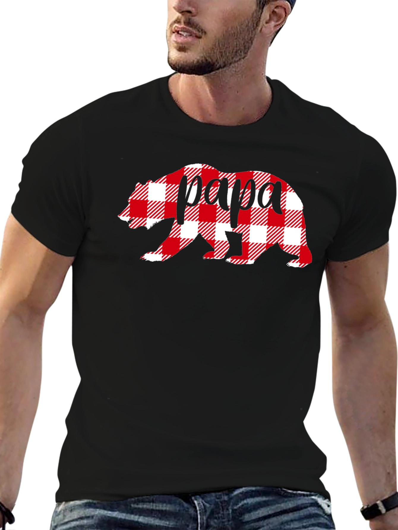 Papa Bear Plaid Graphic Tee - Mens Black T-Shirt