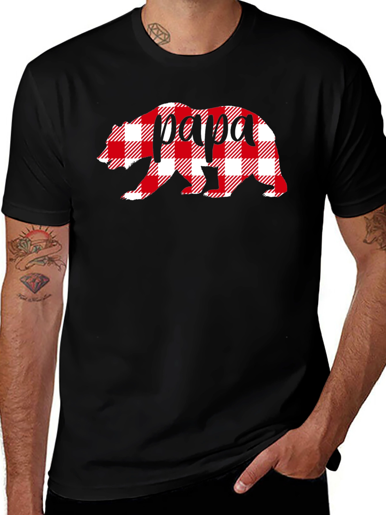 Papa Bear Plaid Graphic Tee - Mens Black T-Shirt