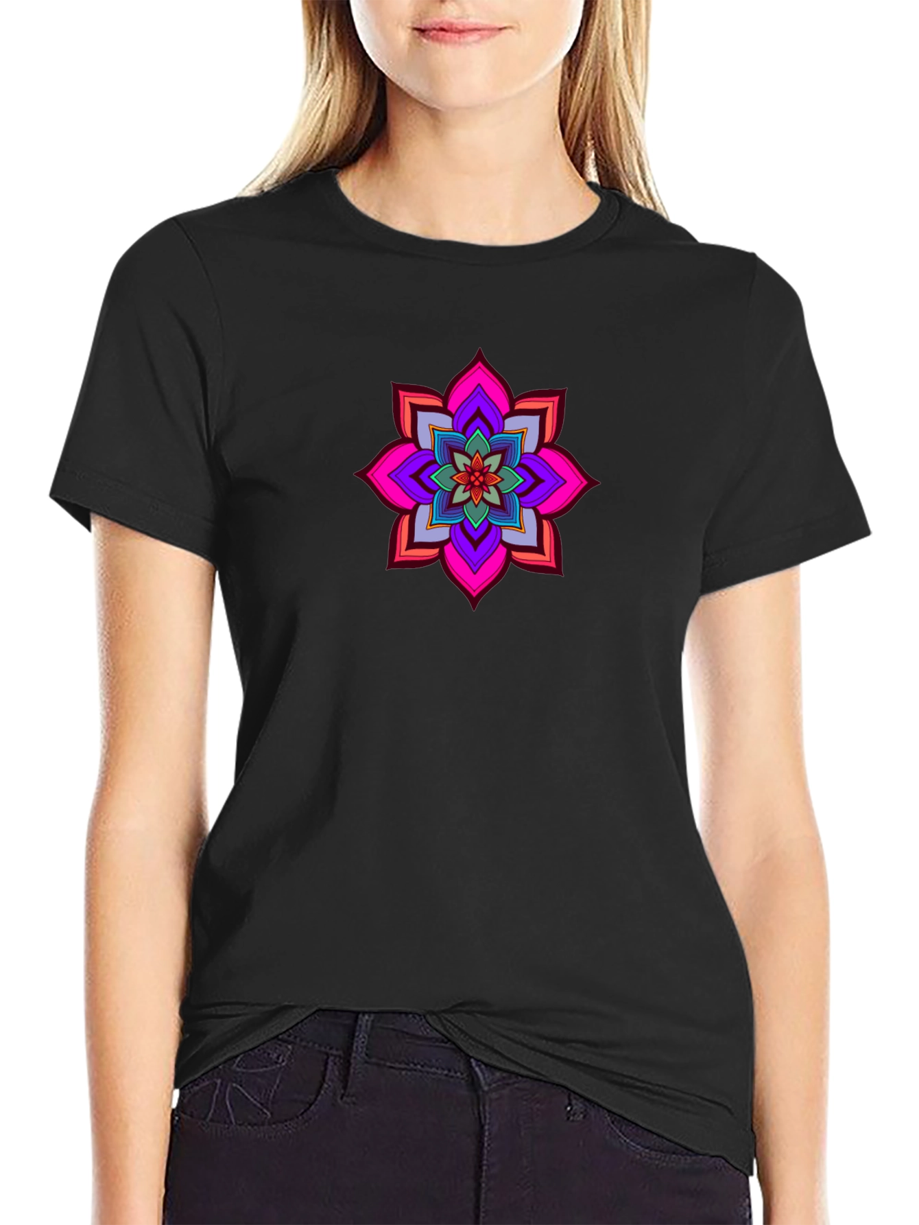 Vibrant Mandala Graphic Tee - Black Cotton Comfort
