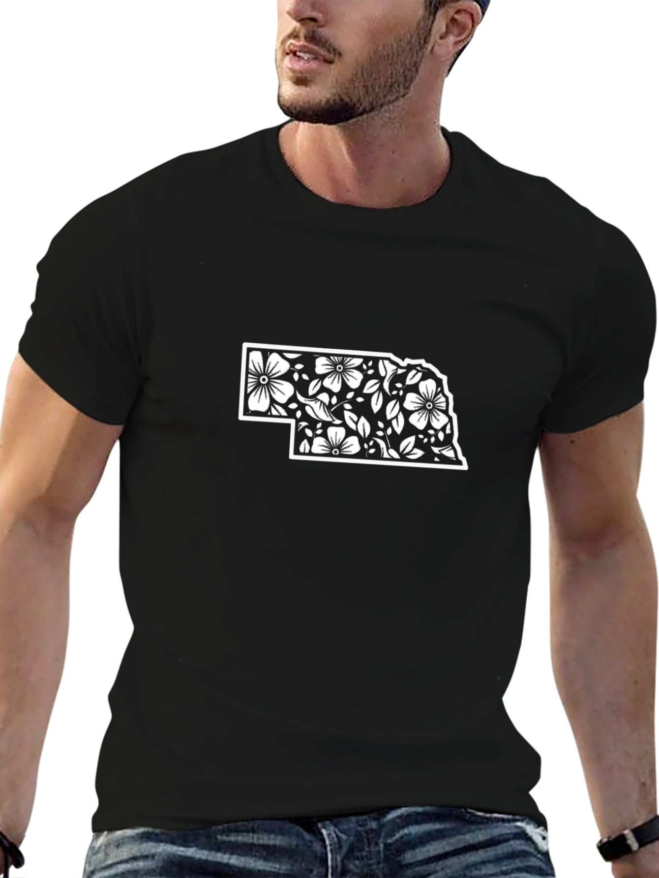 Nebraska Floral State Outline Black T-Shirt