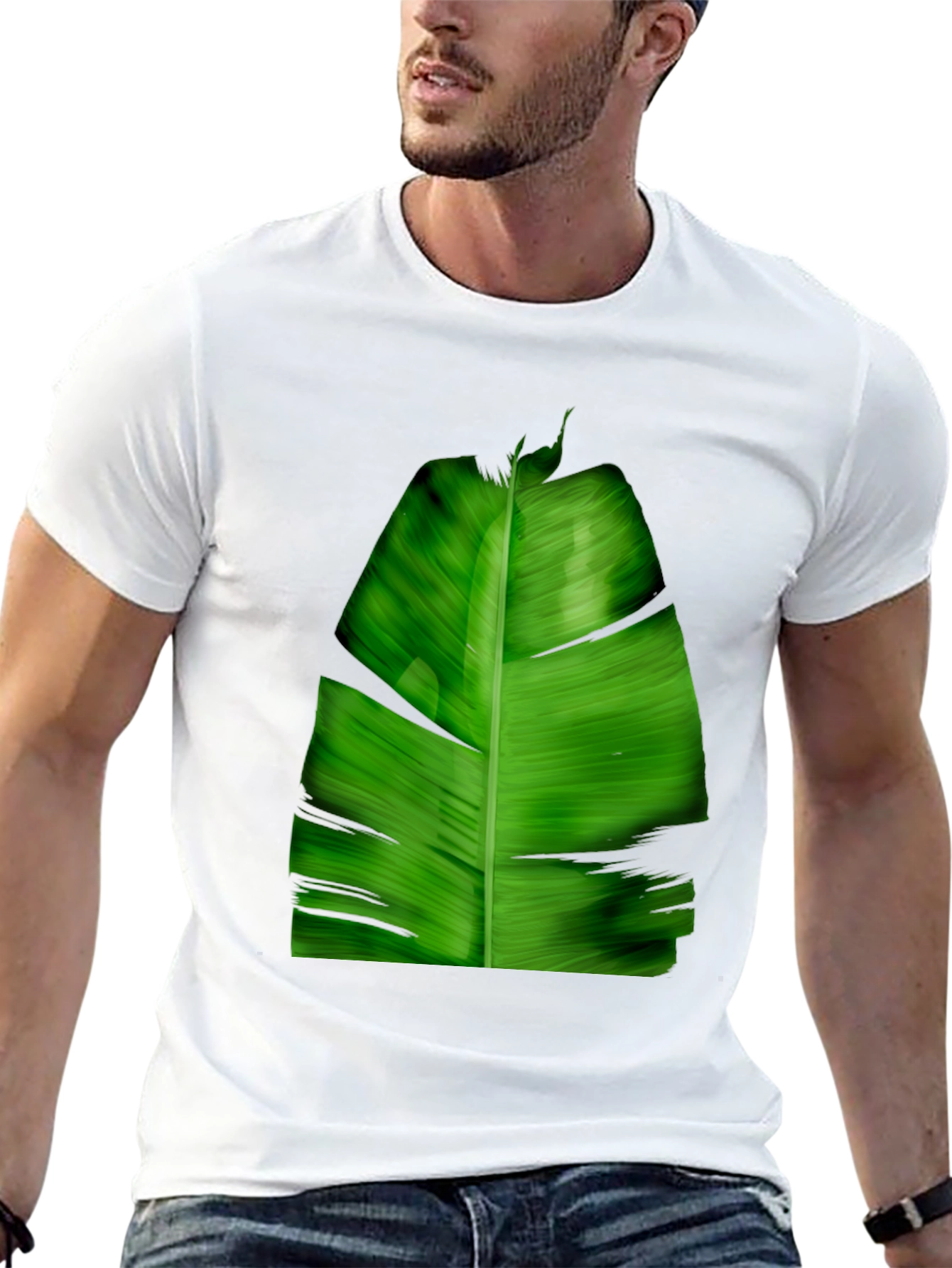 Tropical Green Leaf Print Black T-Shirt