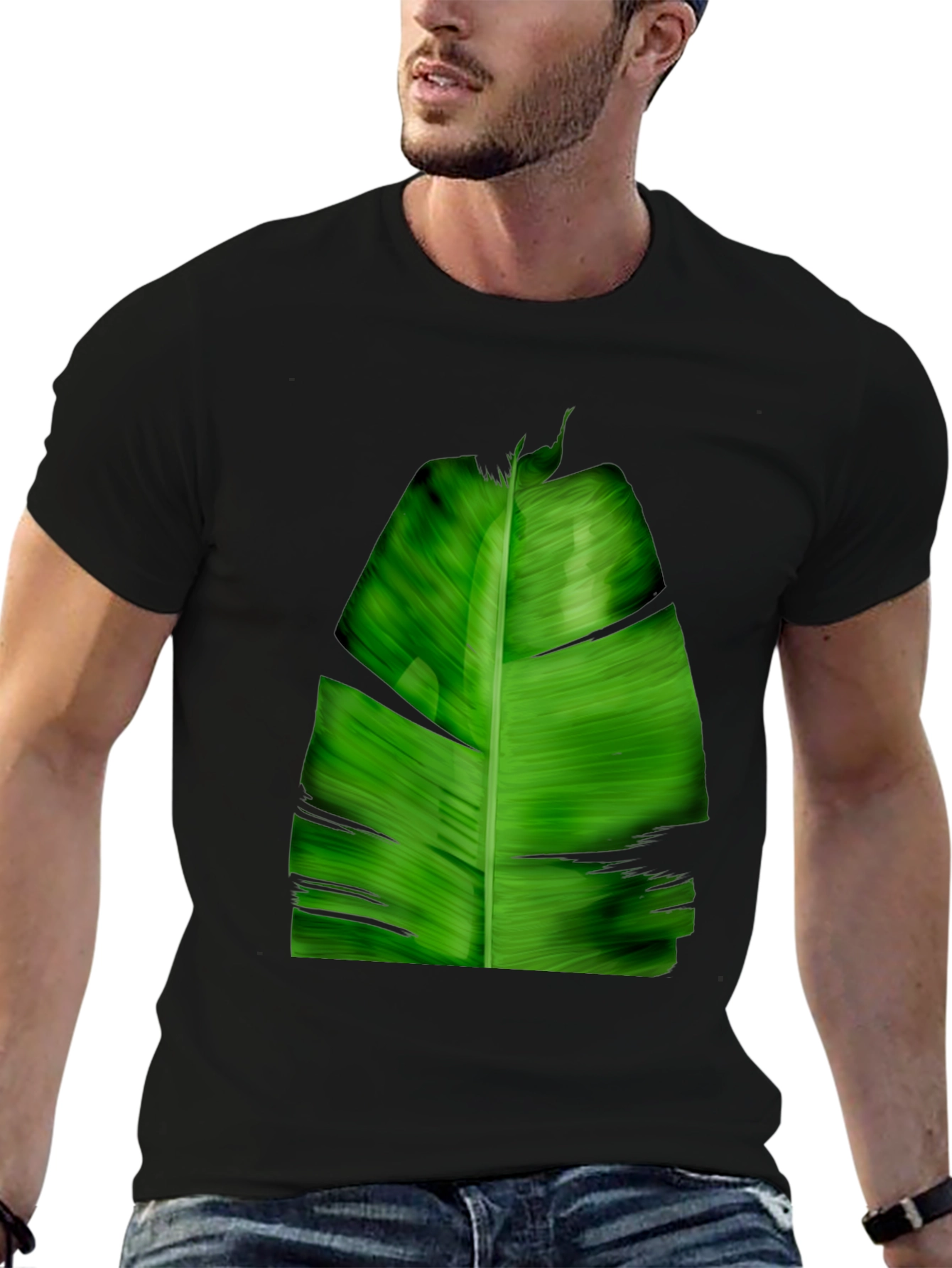 Tropical Green Leaf Print Black T-Shirt